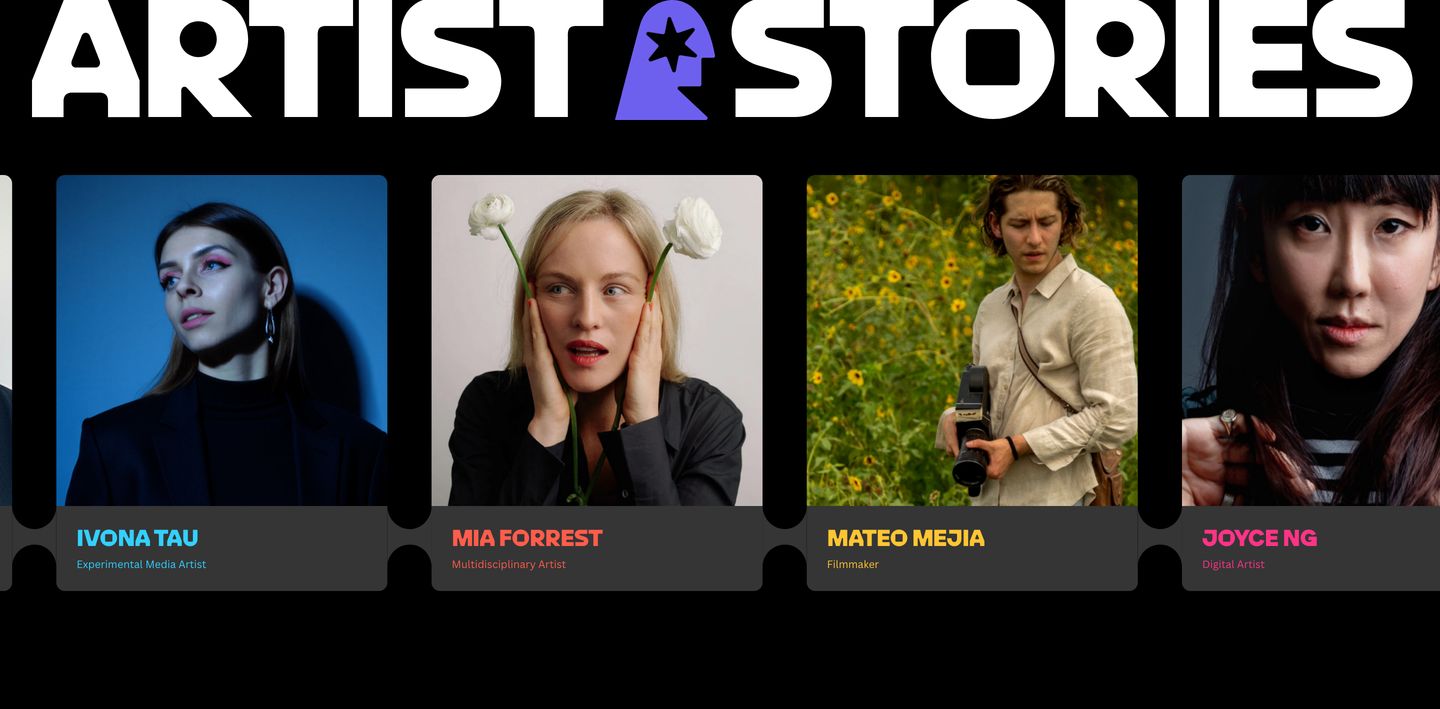 Bold high-contrast showcase pairing massive graphic typography with a horizontal strip of expressive artist portrait cards.