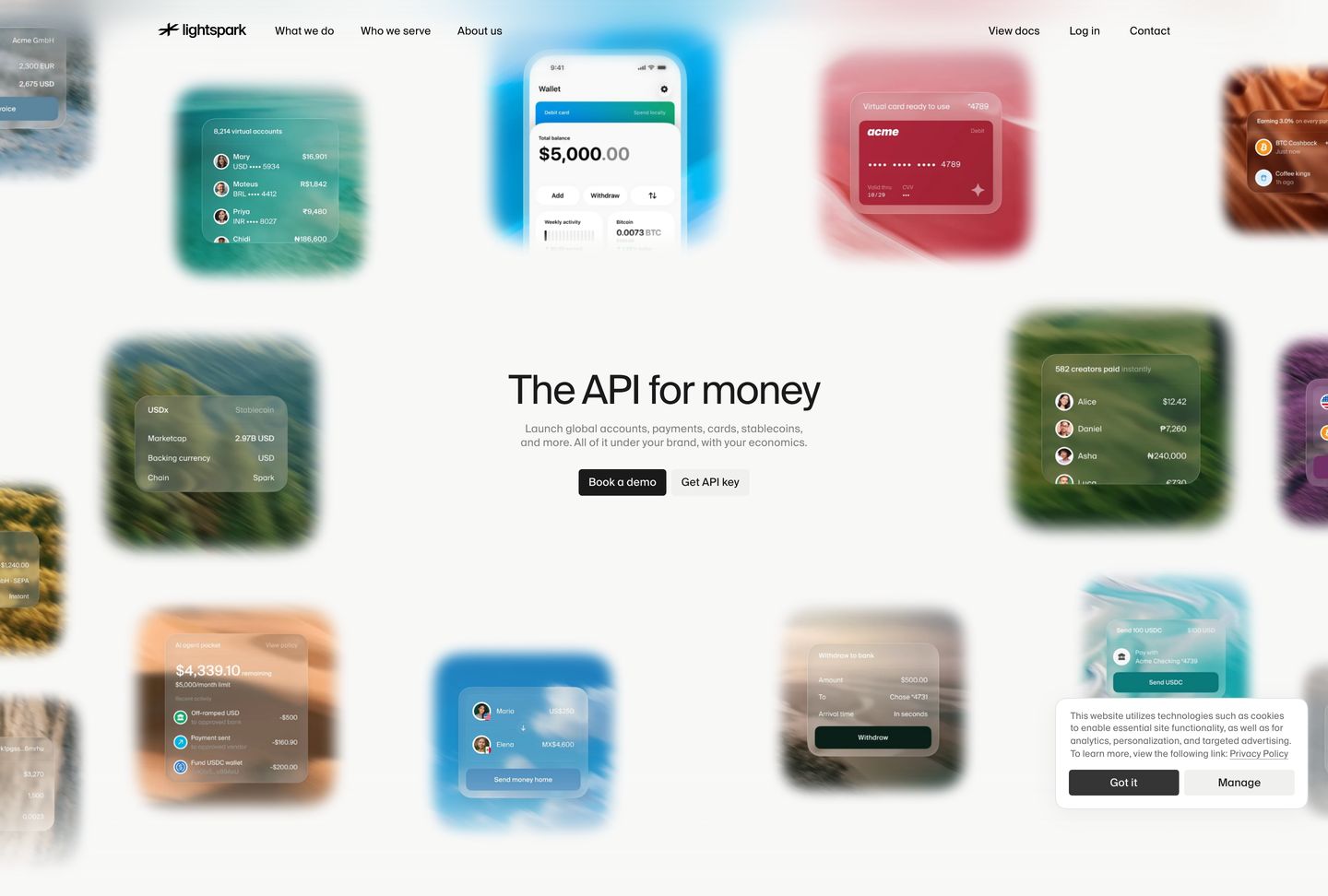 Clean, luminous fintech hero floating ethereal blurred UI mockups across an expansive white canvas.