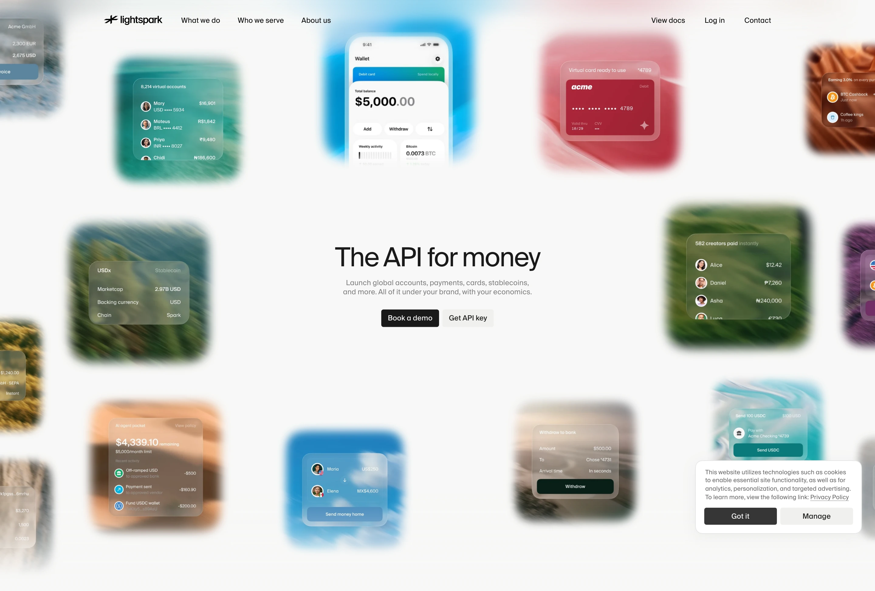 Clean, luminous fintech hero floating ethereal blurred UI mockups across an expansive white canvas.