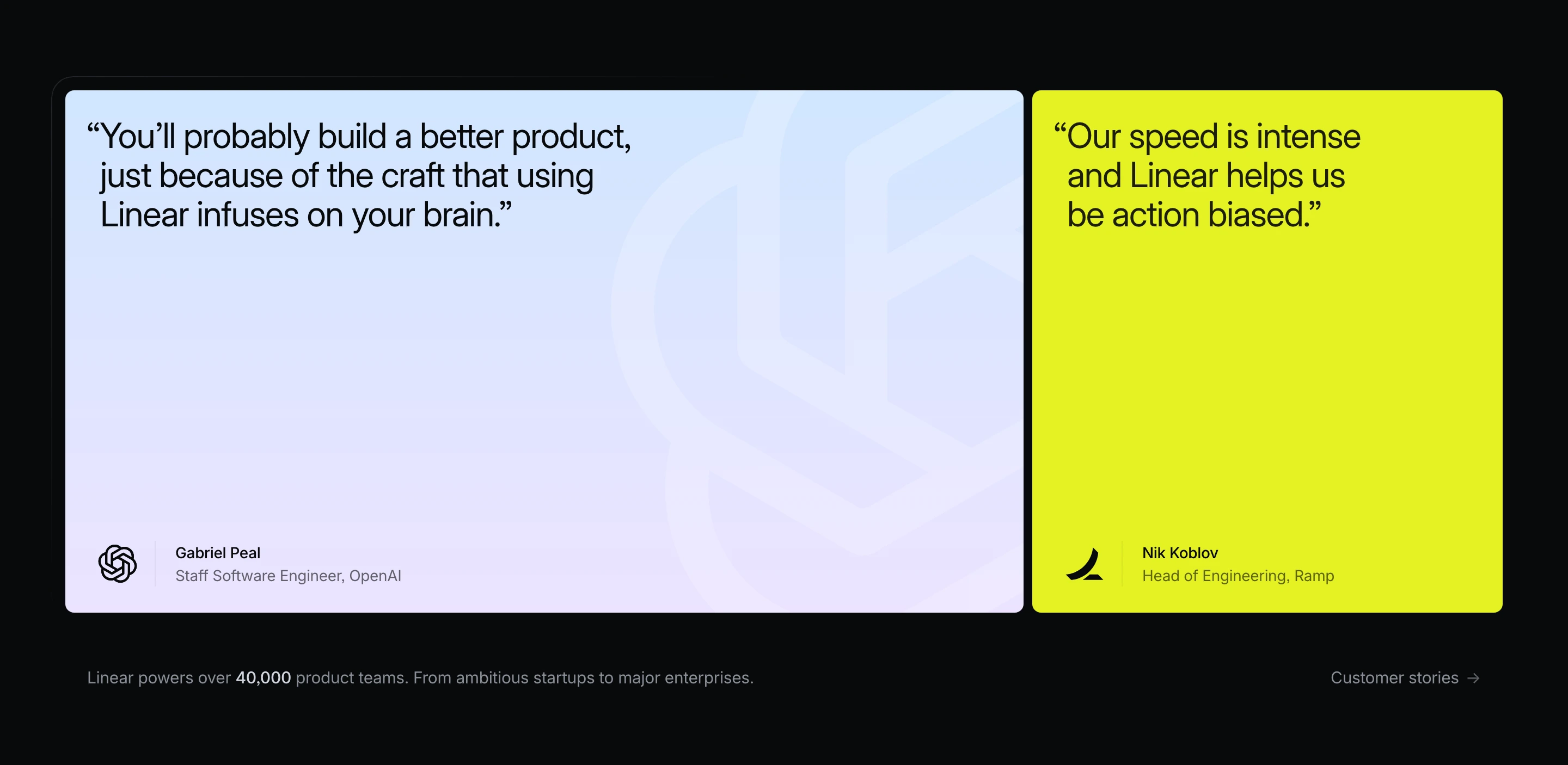 High-contrast testimonial cards featuring software leader quotes set against subtle brand watermark graphics and electric neon yellow.