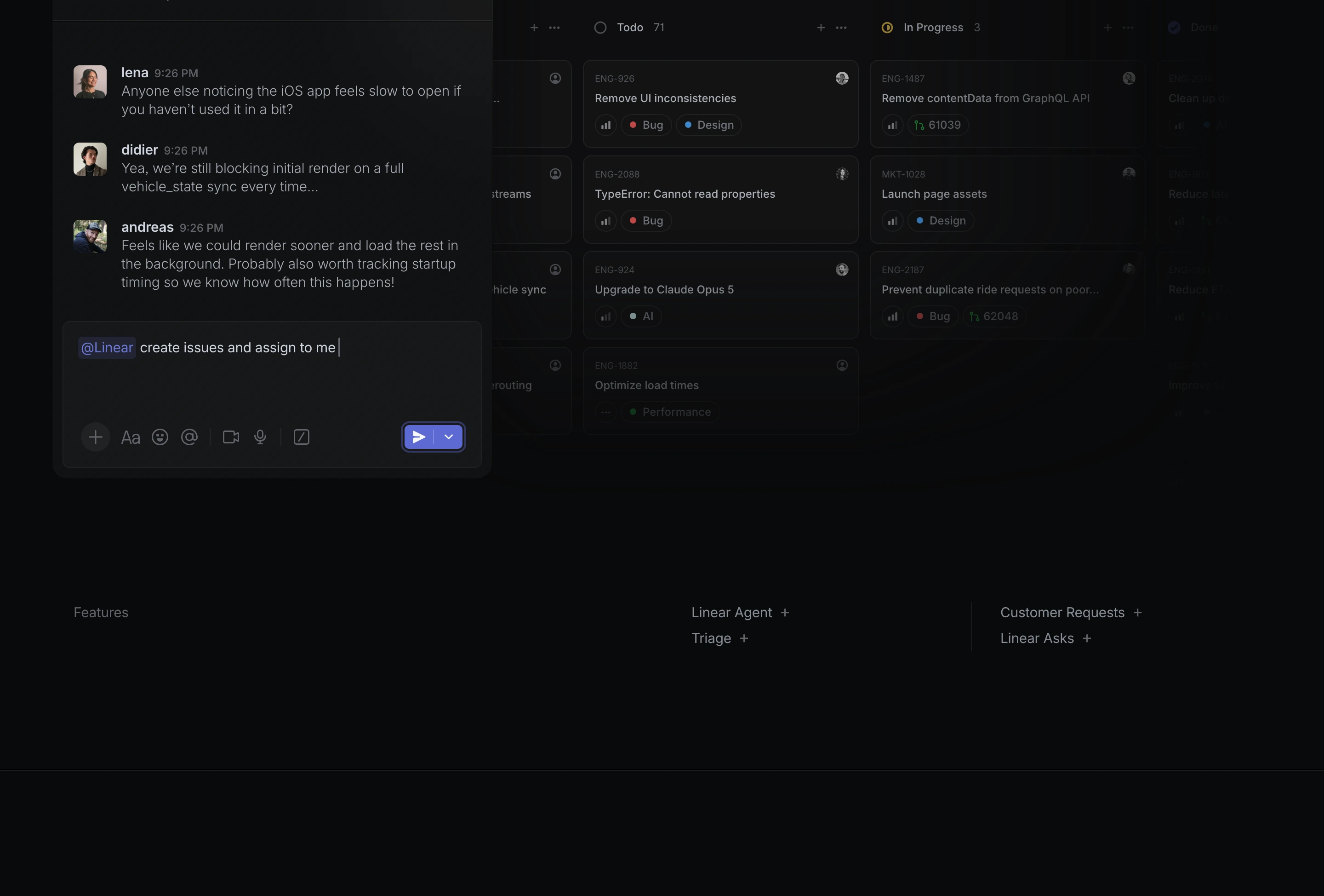 Ultra-precise dark interface demo floating an interactive chat issue generator over a deeply recessed task board with quiet typographic navigation below.