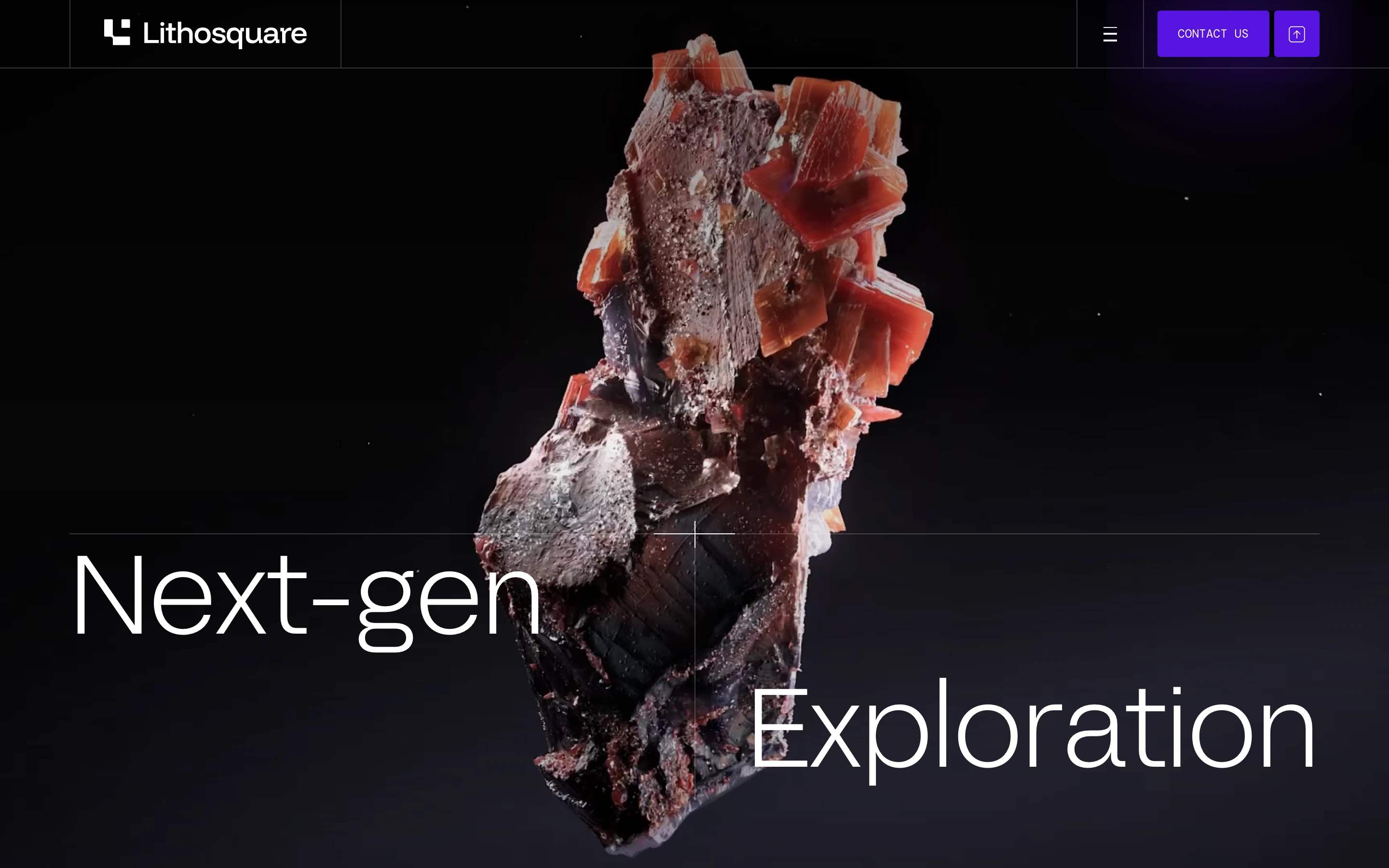 A monolithic geological specimen floats against deep black, sliced by fine crosshairs and wide, modern typography.