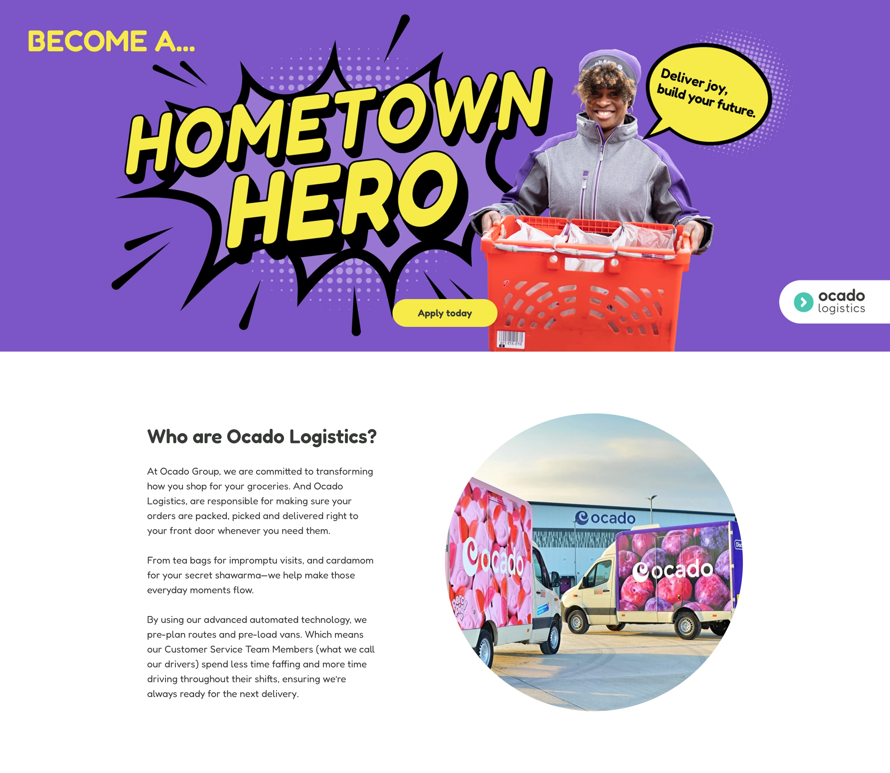 Energetic pop-art comic visuals meet upbeat recruitment messaging across a vibrant purple banner and rounded dual-column layout.