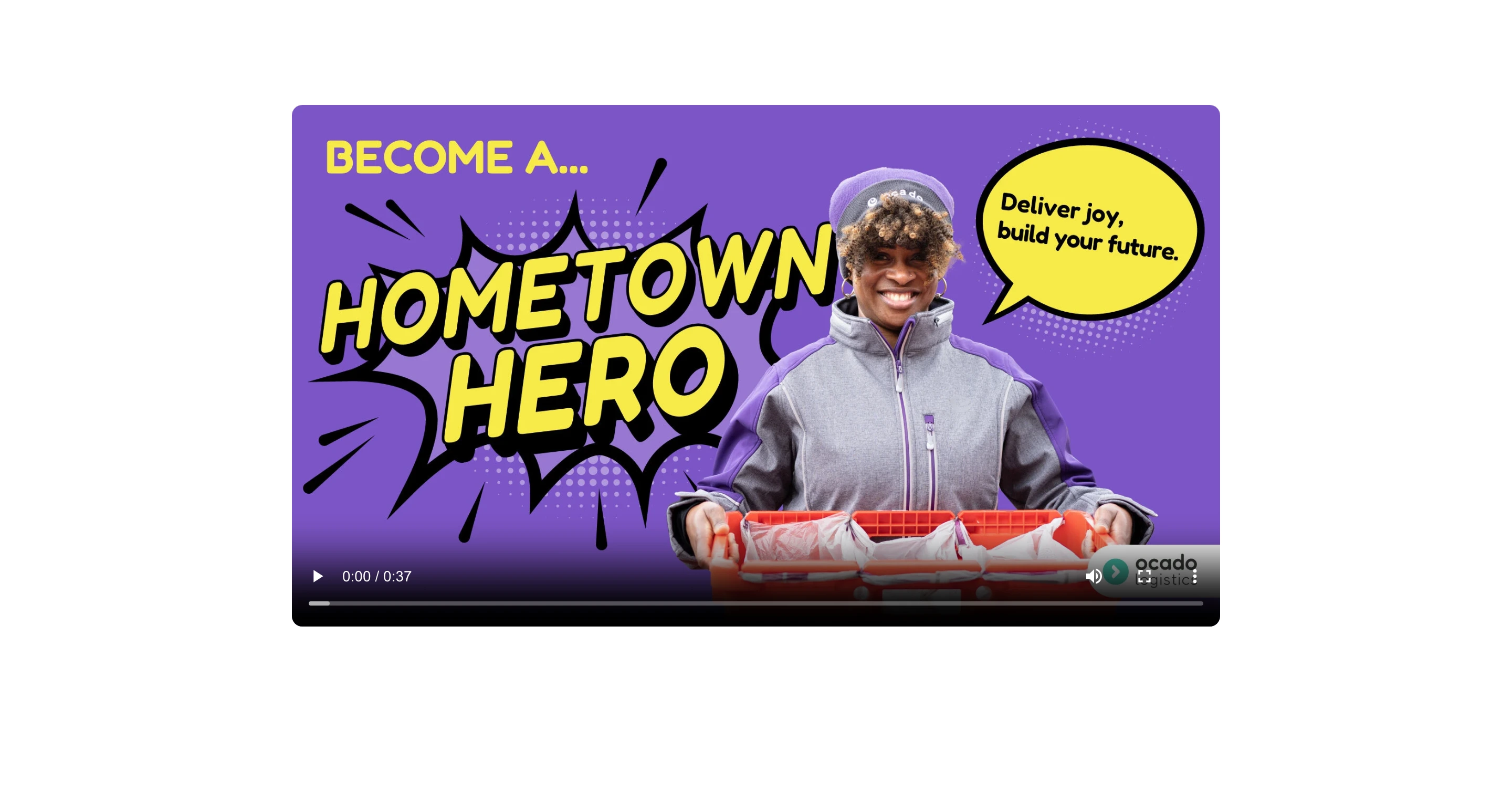 Energetic and comic-book inspired recruitment video player featuring bold saturated pop colours and hero graphics.
