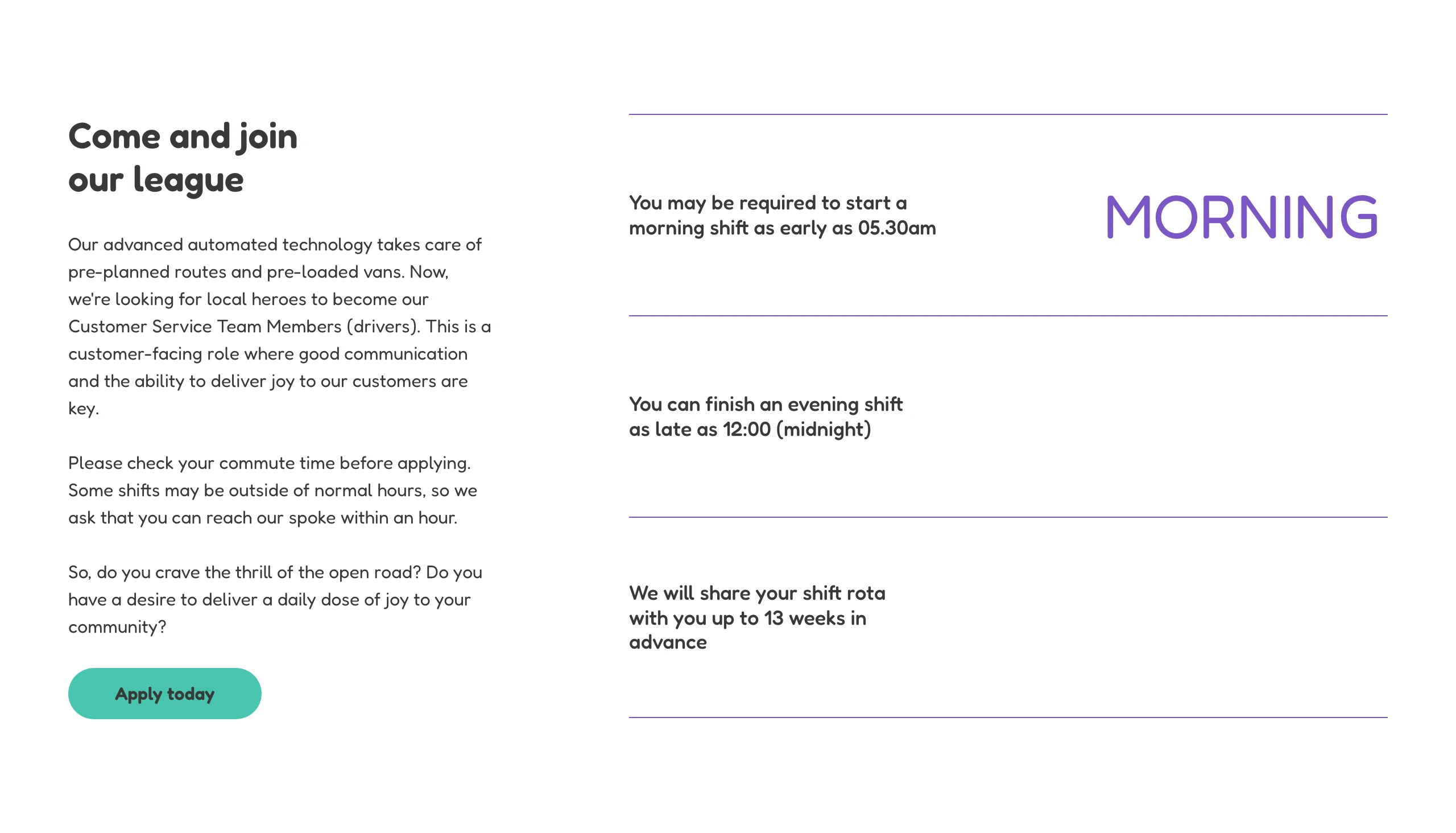 Clean and airy careers section pairing friendly rounded typography with structured shift details and a mint call-to-action button.
