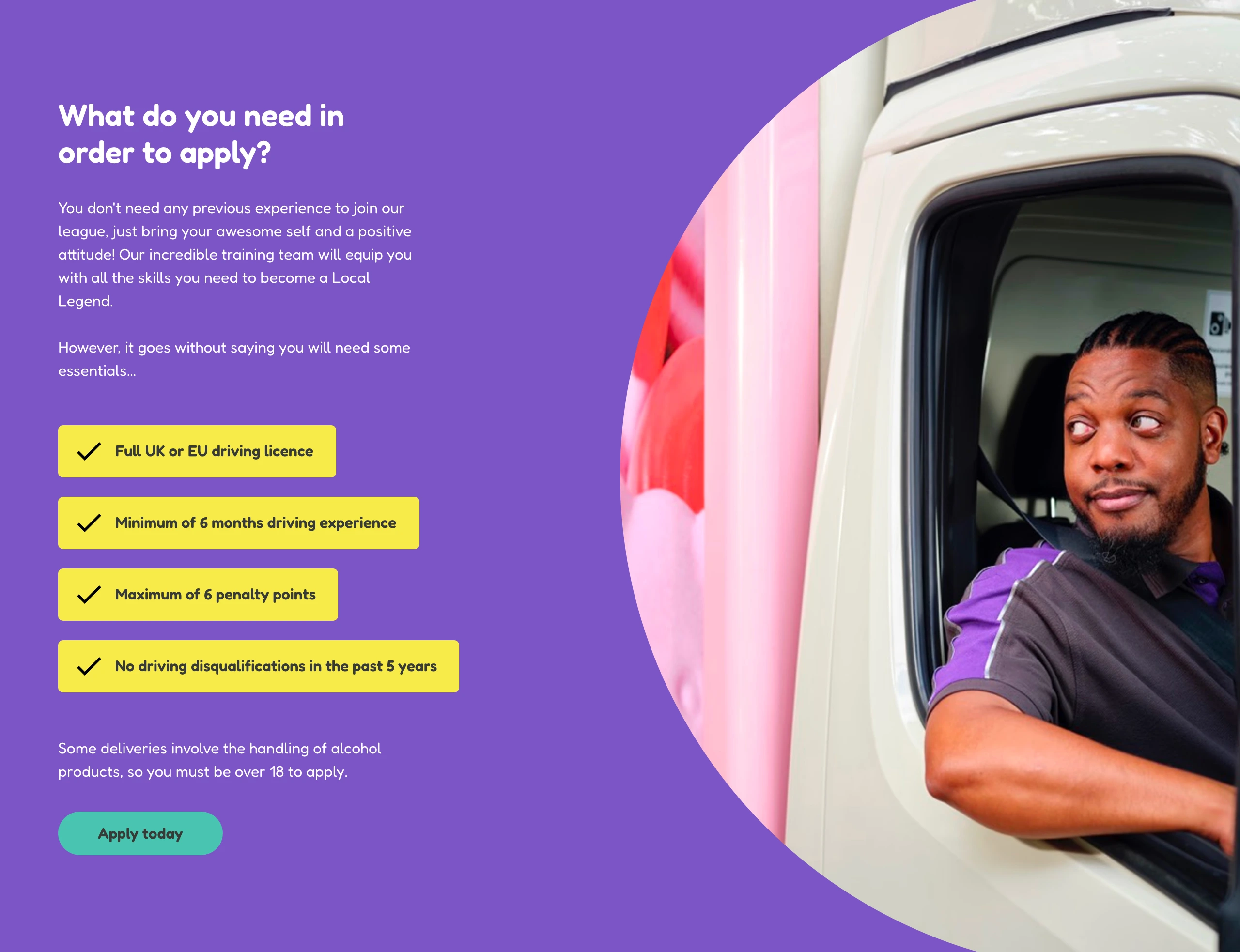 Vibrant and approachable recruitment section featuring high-contrast yellow requirement pills alongside a curved photographic crop of a driver.