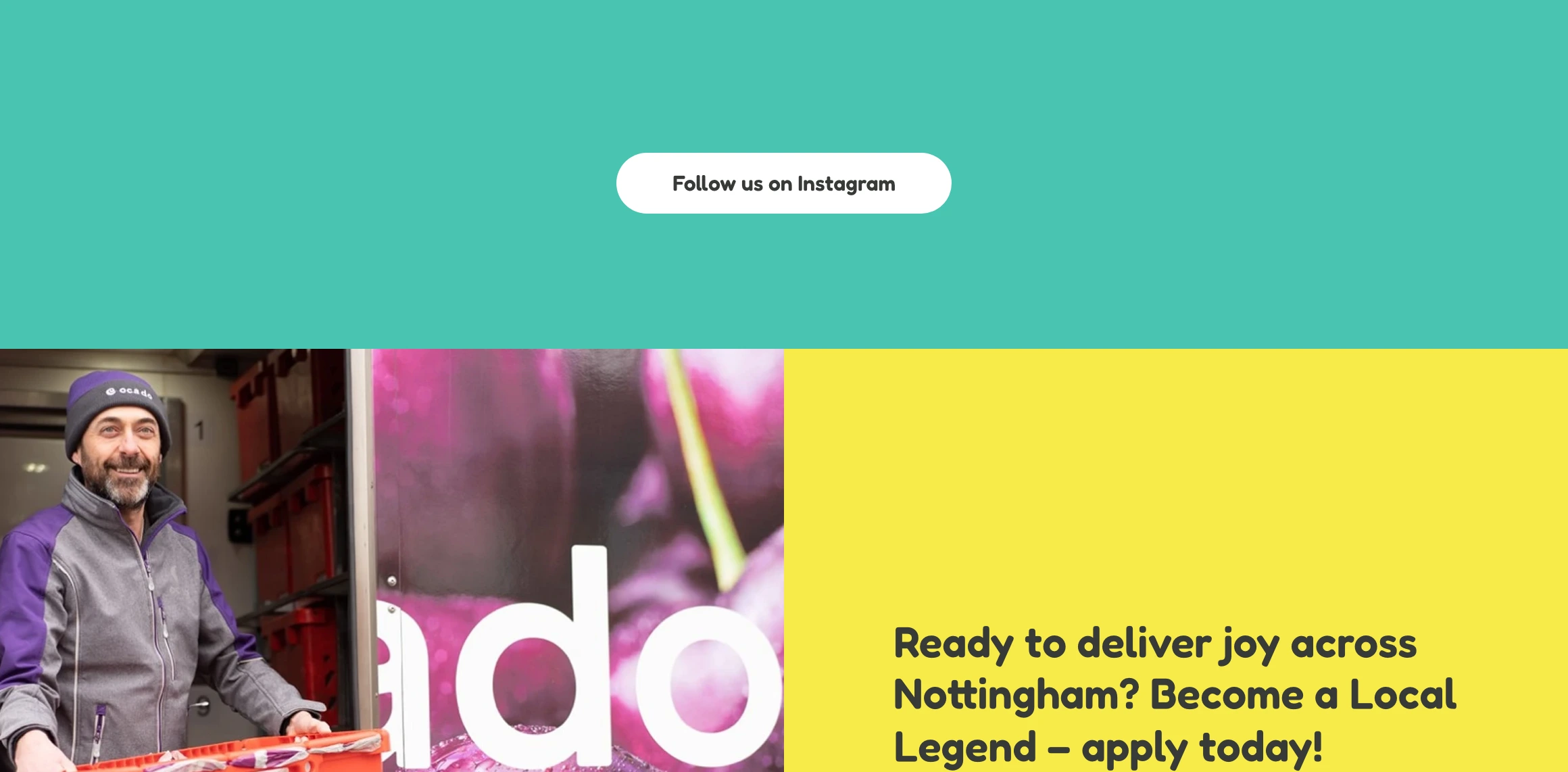 Vibrant turquoise banner featuring a friendly rounded pill button inviting visitors to connect on social media.