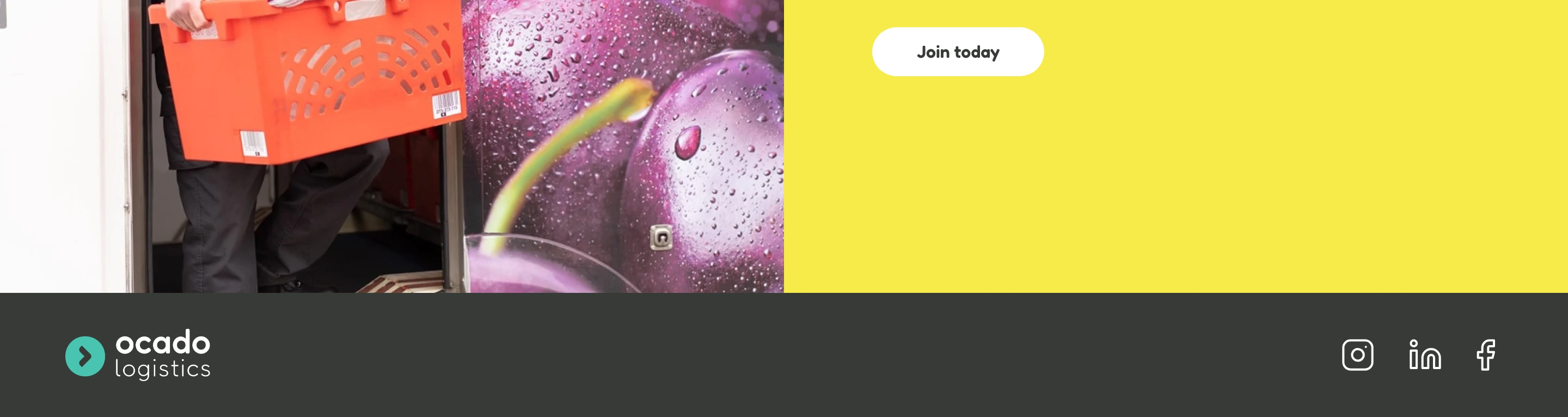 Vibrant and cheerful recruitment call-to-action pairing punchy brand yellow with a pill button and delivery photography.