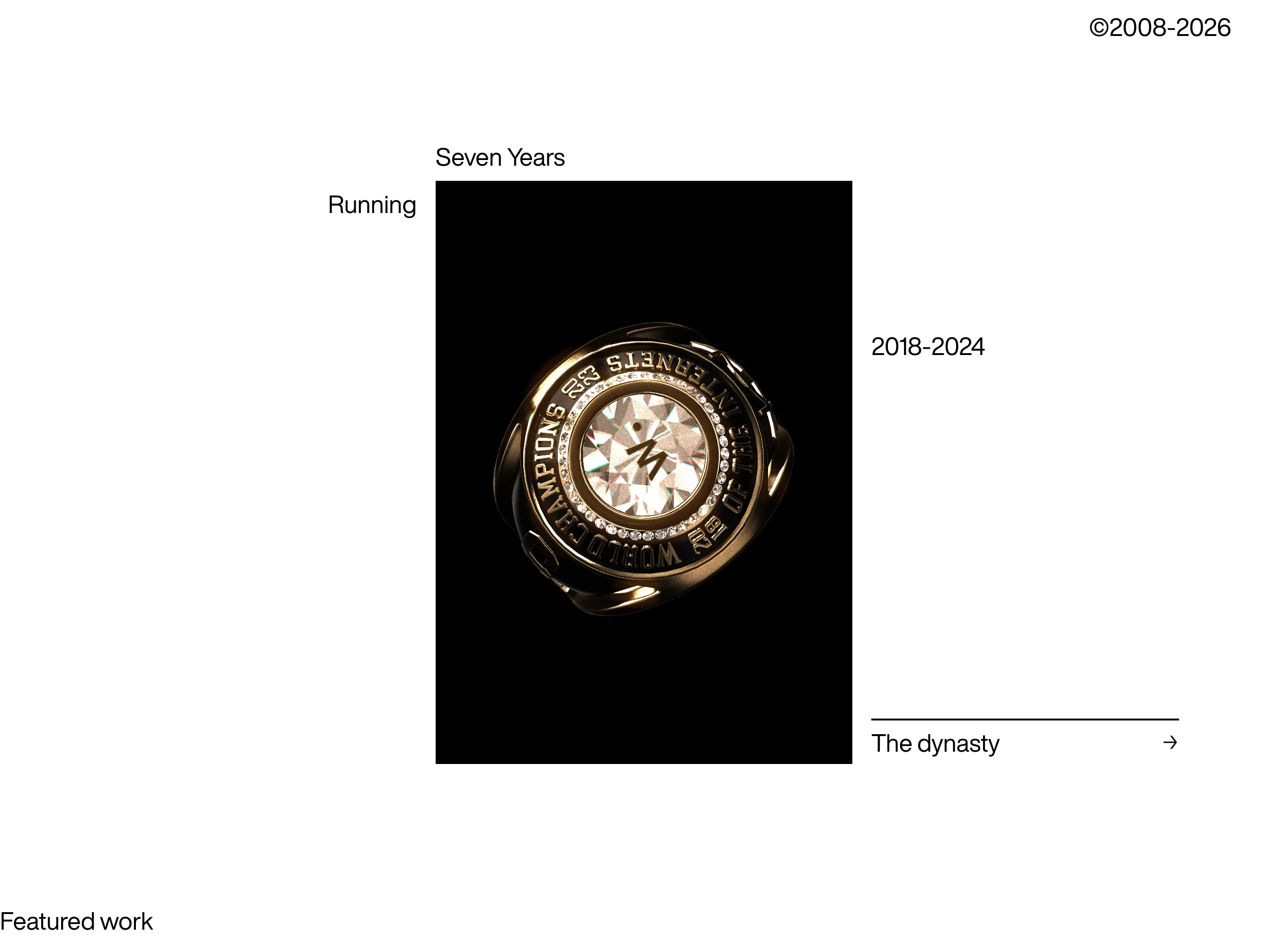 A stark, gallery-like editorial showcase framing a 3D championship ring with precise, dispersed typography on a vast white canvas.