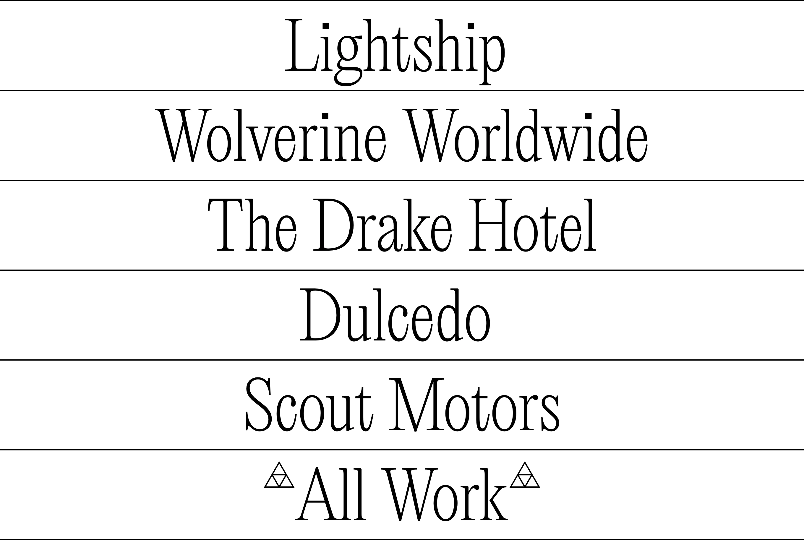 An austere, typography-only portfolio index with condensed display titles separated by crisp hairline rules.