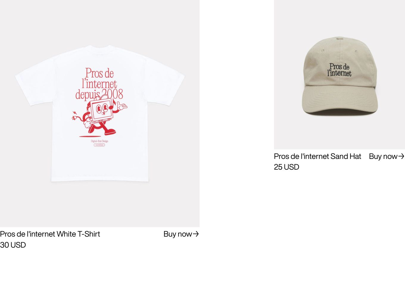 Clean, airy product showcase pairing graphic merchandise on pale grey backdrops with precise Swiss typography.