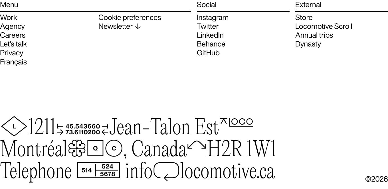 A stark Swiss-style typographic footer blending structured column navigation with an experimental, glyph-punctuated address and contact lockup.