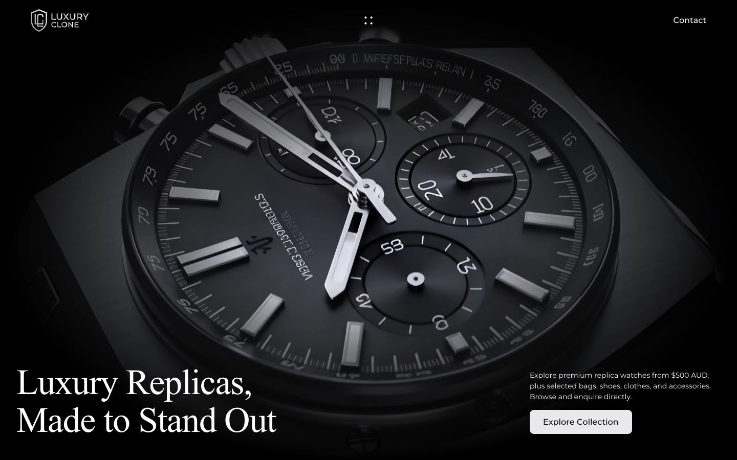 Dramatic dark hero dominated by an oversized, photorealistic black chronograph with elegant baseline typography.