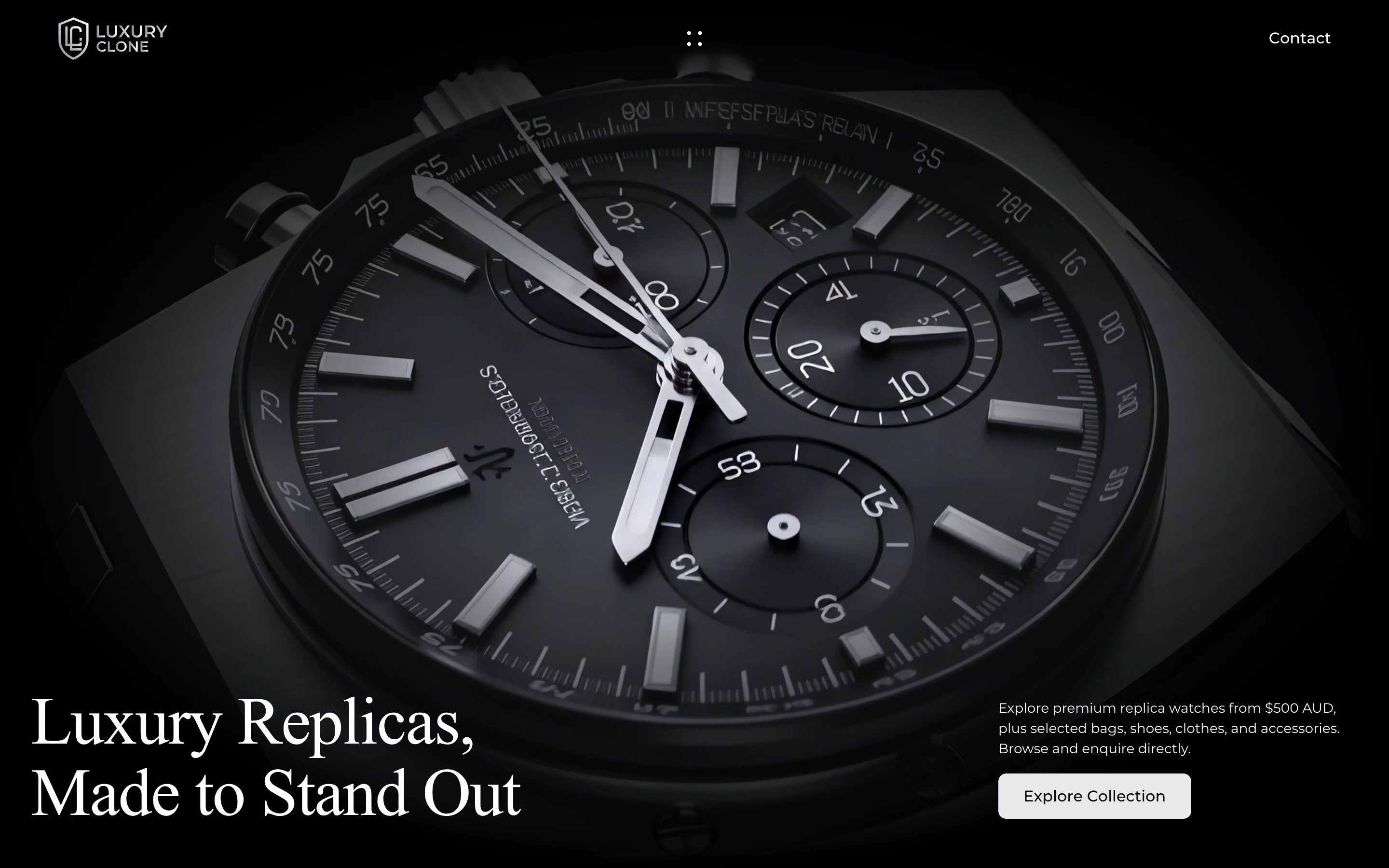 Dramatic dark hero dominated by an oversized, photorealistic black chronograph with elegant baseline typography.