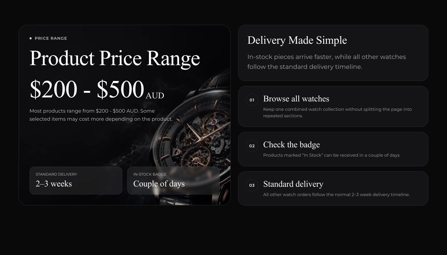 Refined dark luxury cards displaying pricing and delivery mechanics with elegant serif typography and detailed horology photography.