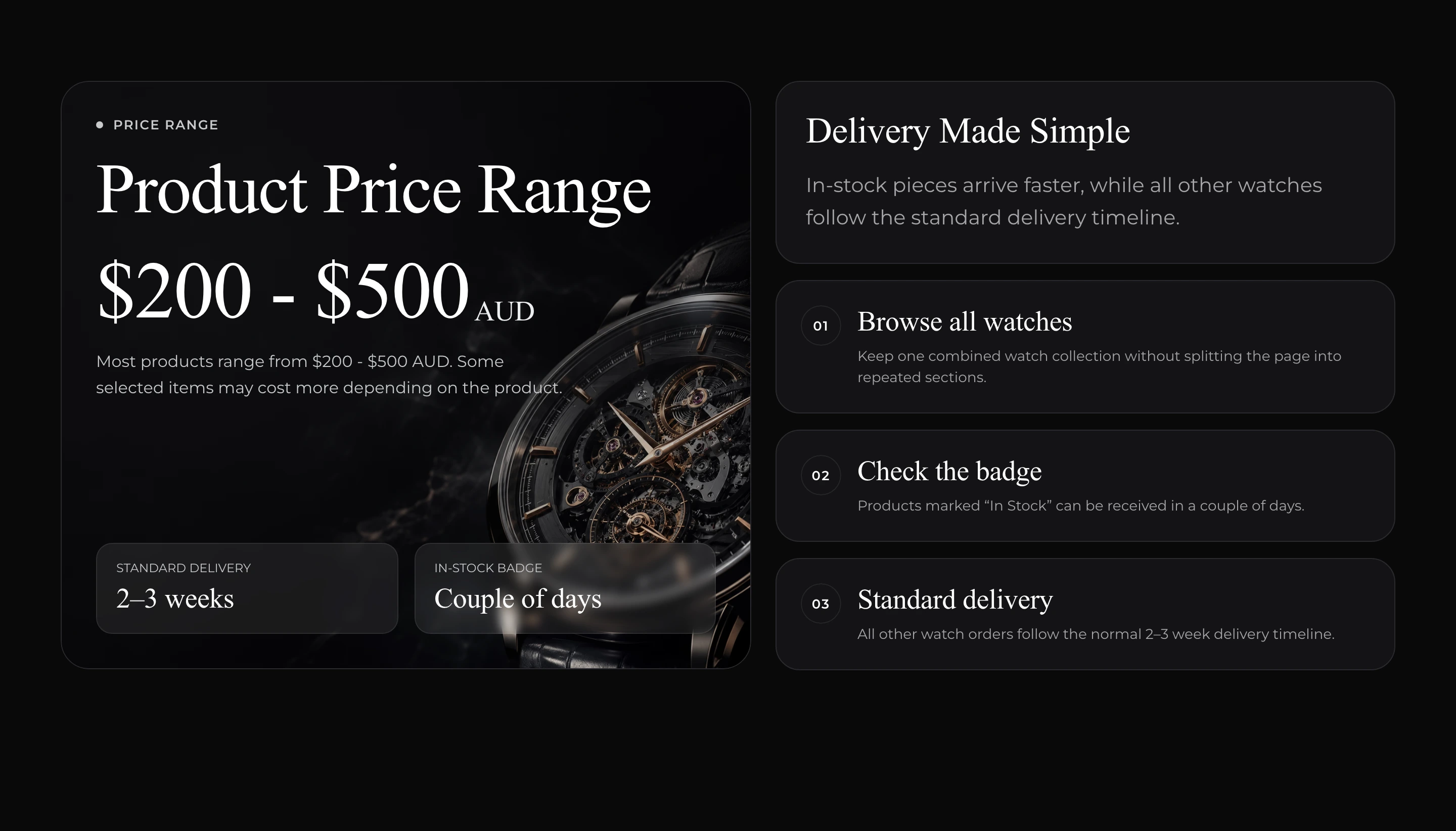 Refined dark luxury cards displaying pricing and delivery mechanics with elegant serif typography and detailed horology photography.