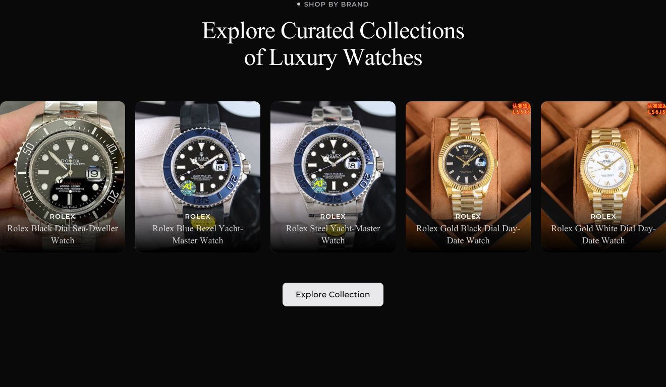 Dark luxury watch showcase featuring a centered serif headline above a row of five product cards.
