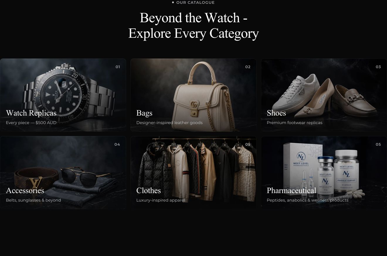 Dark, moody product category grid presenting luxury goods against dramatic studio-lit backgrounds.