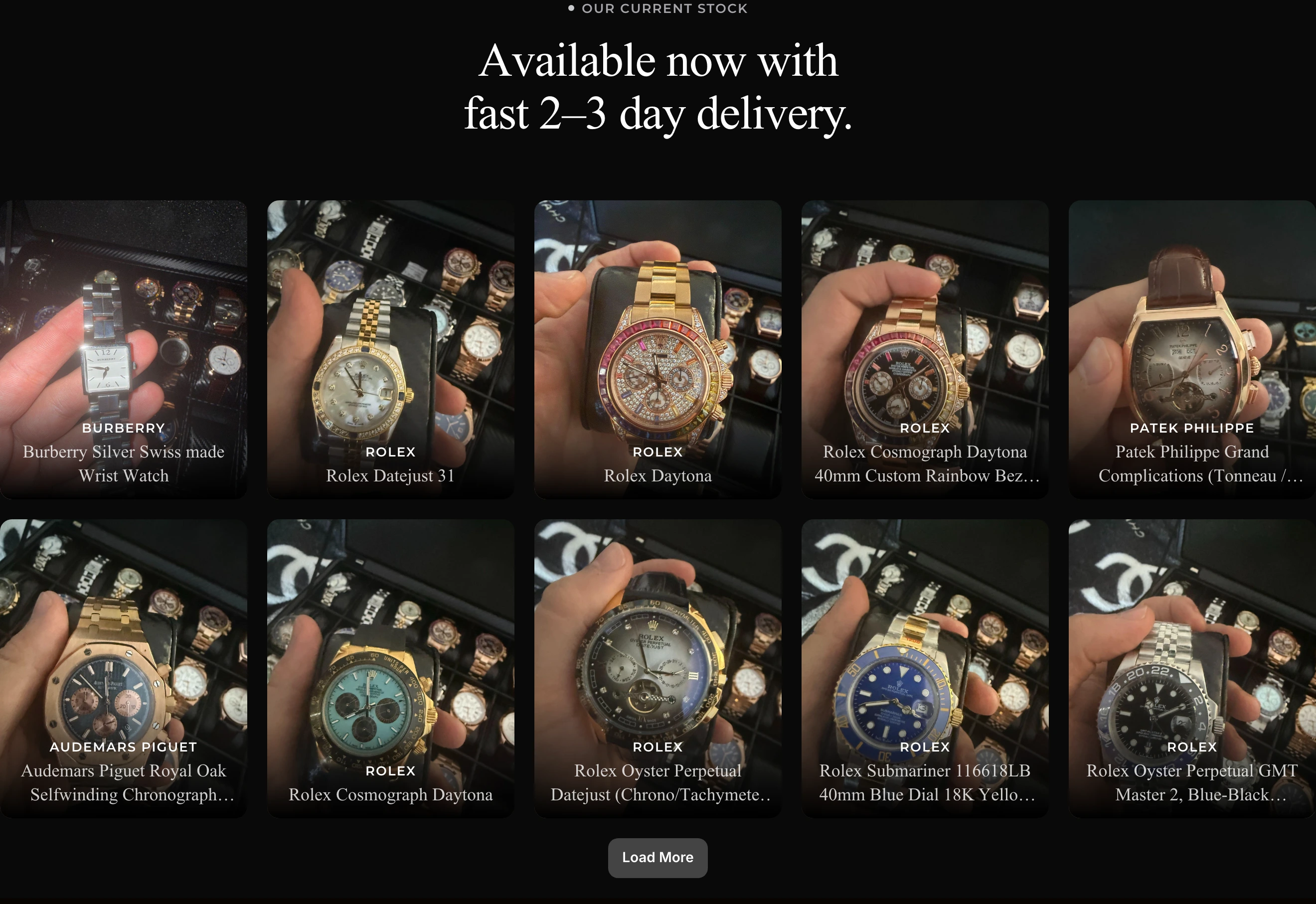 A dark, restrained luxury watch inventory grid pairing an elegant serif headline with hand-held physical product photography.