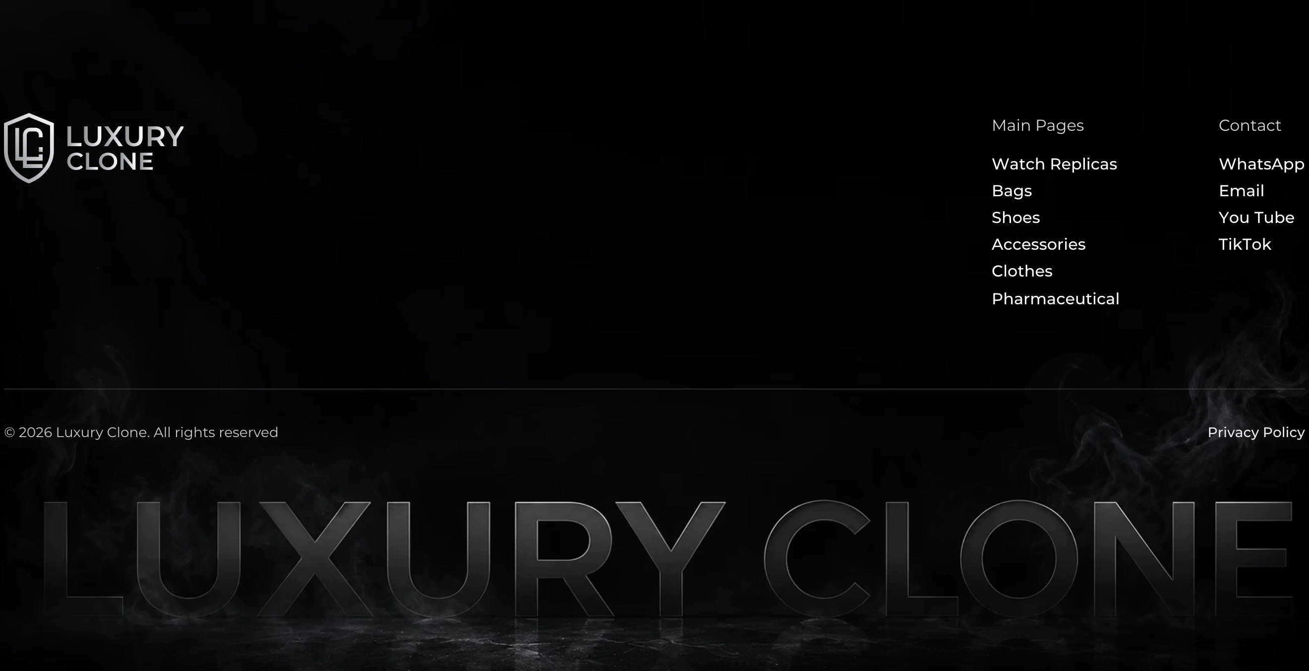Moody all-black footer featuring smoky atmospheric backdrop, crisp navigation columns, and massive low-opacity ghosted branding spanning the bottom.
