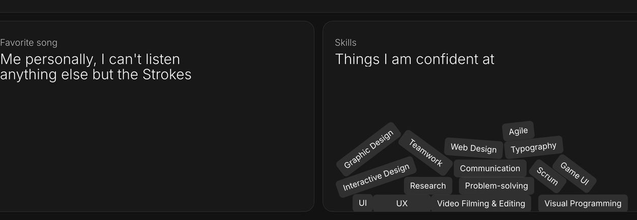A dark bento grid pairing casual personal trivia with physics-scattered skill pills in rounded cards.