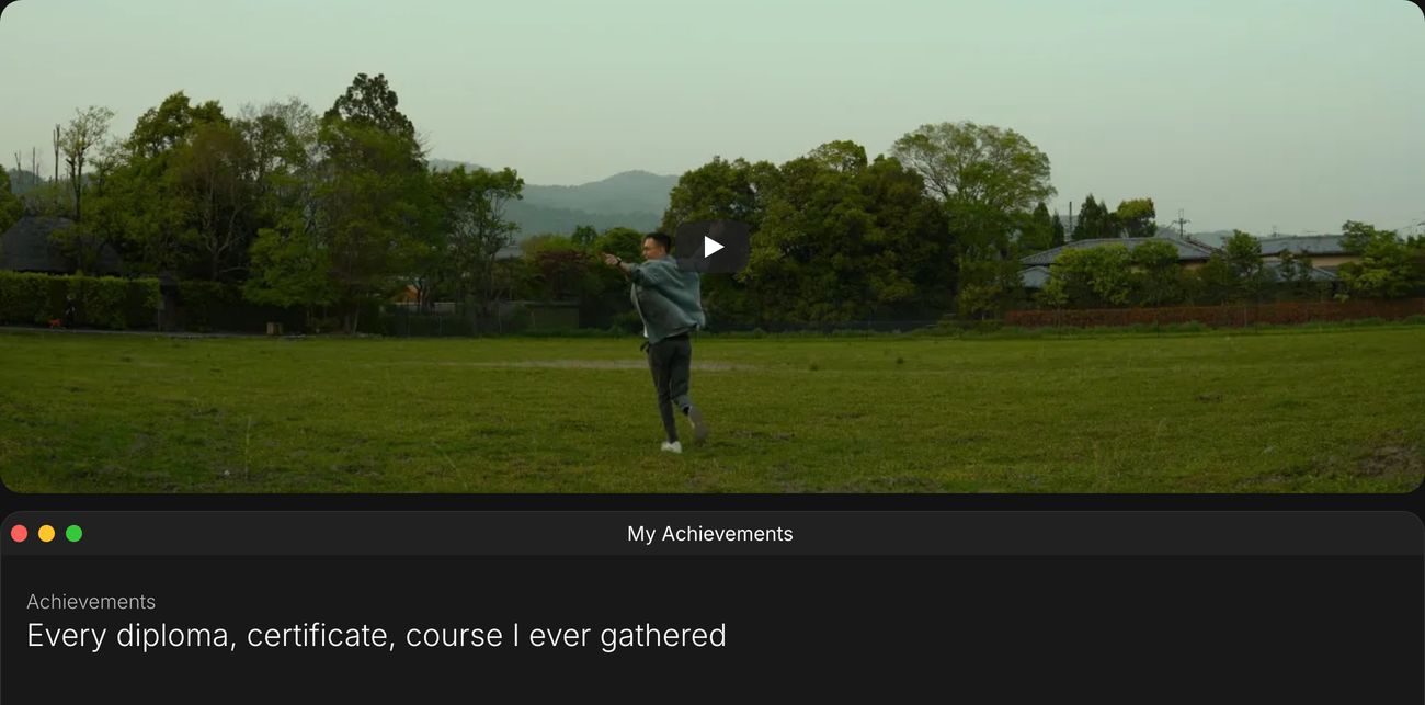 Understated dark portfolio showcase pairing a cinematic outdoor video preview with an OS-style window card framing career achievements.