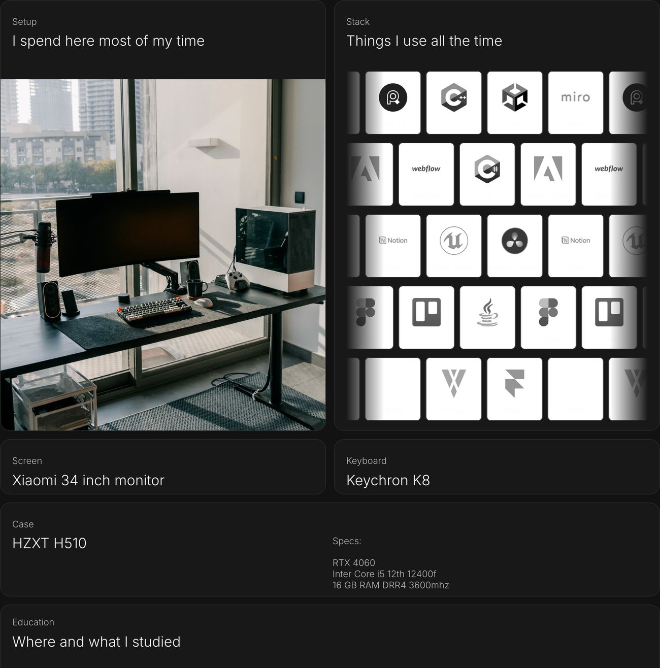 Dark, disciplined personal inventory presented as sleek bento cards detailing workspace hardware and software stack.