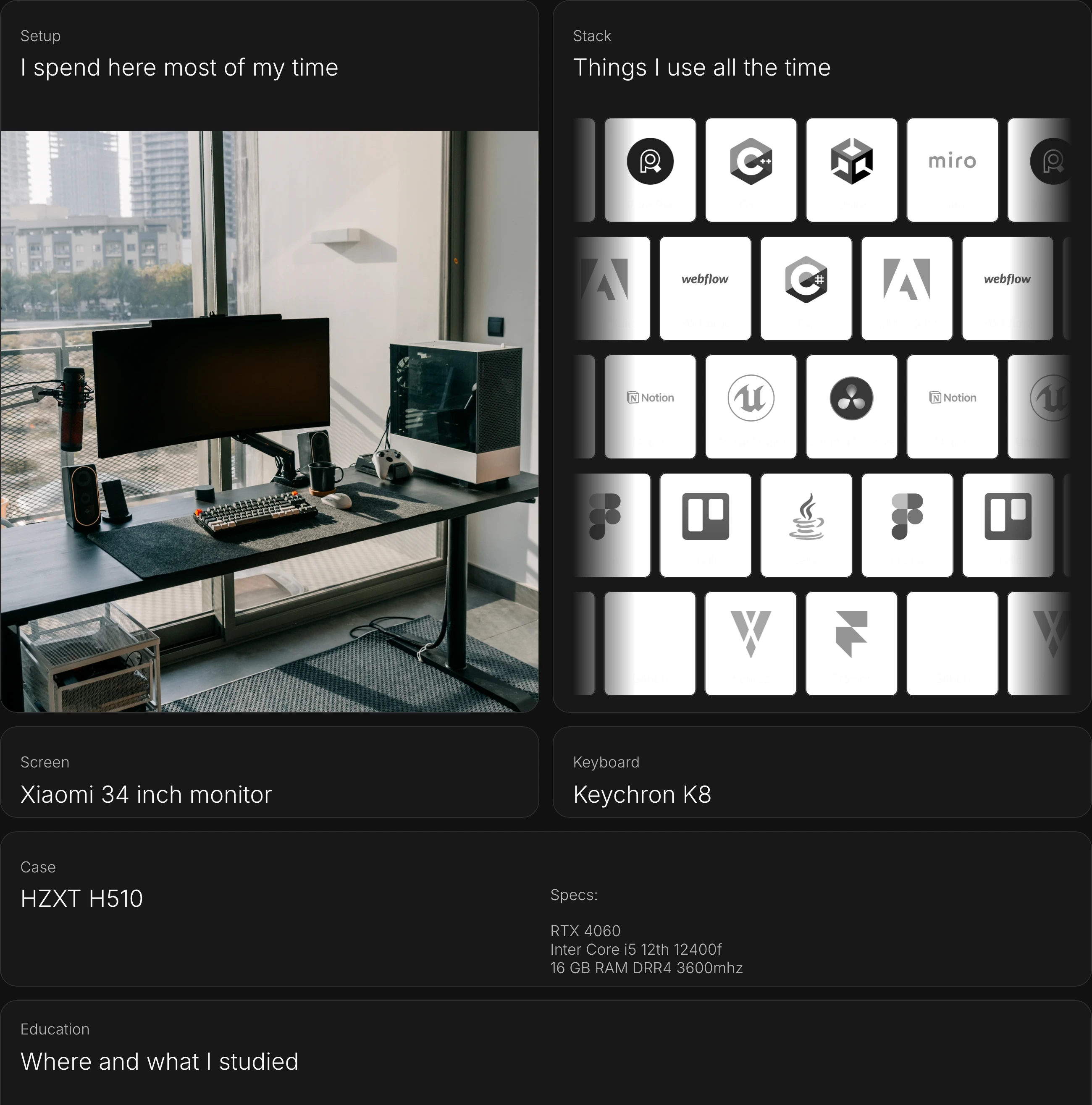 Dark, disciplined personal inventory presented as sleek bento cards detailing workspace hardware and software stack.