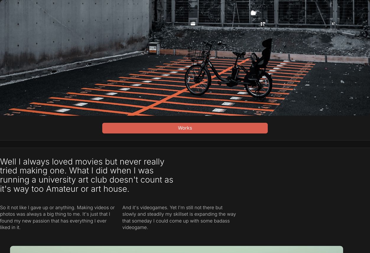 A personal, reflective portfolio narrative set against dark moody photography with an understated editorial text layout.