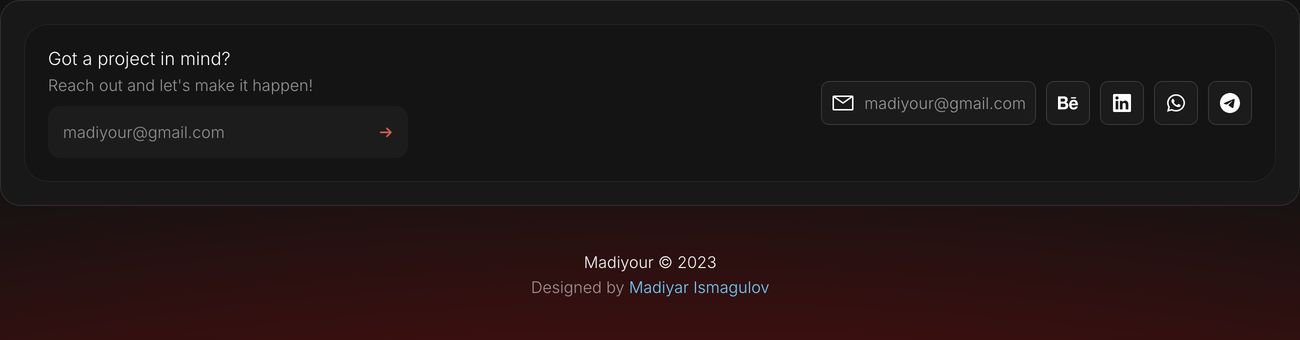 Minimalist dark footer card floating above a subtle gradient backdrop with restrained contact inputs and compact social links.
