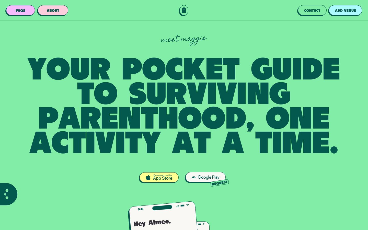 Punchy and retro mint hero combining ultra-bold chunky uppercase type with a delicate handwritten eyebrow and app store pills.
