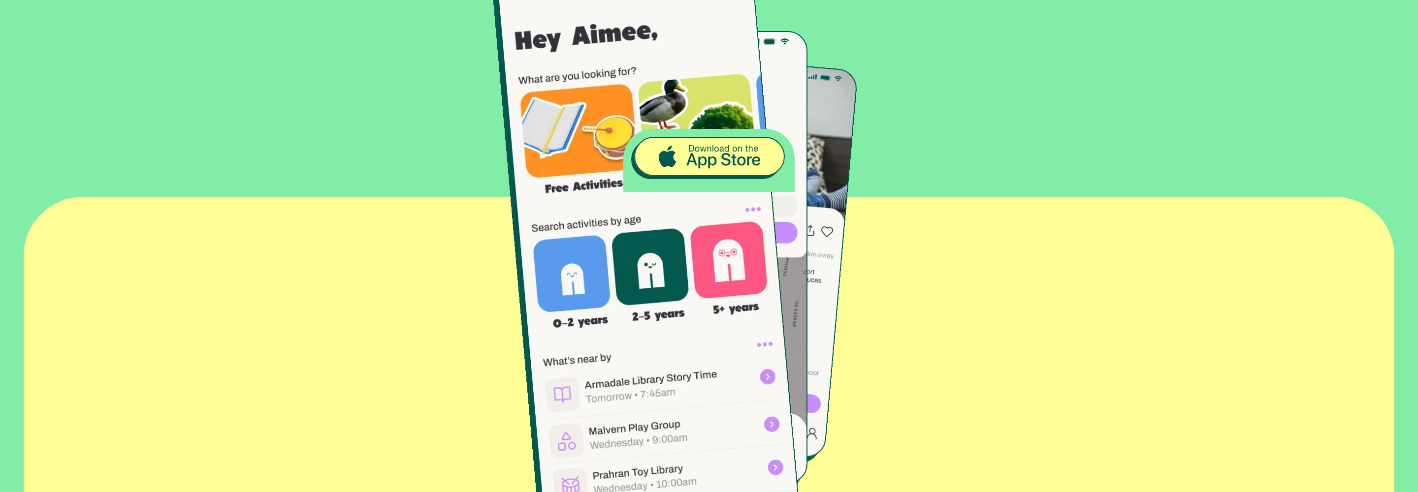 Bubbly and cheerful mobile mockup showcase displaying fanned app screens over split mint and pastel yellow rounded blocks.