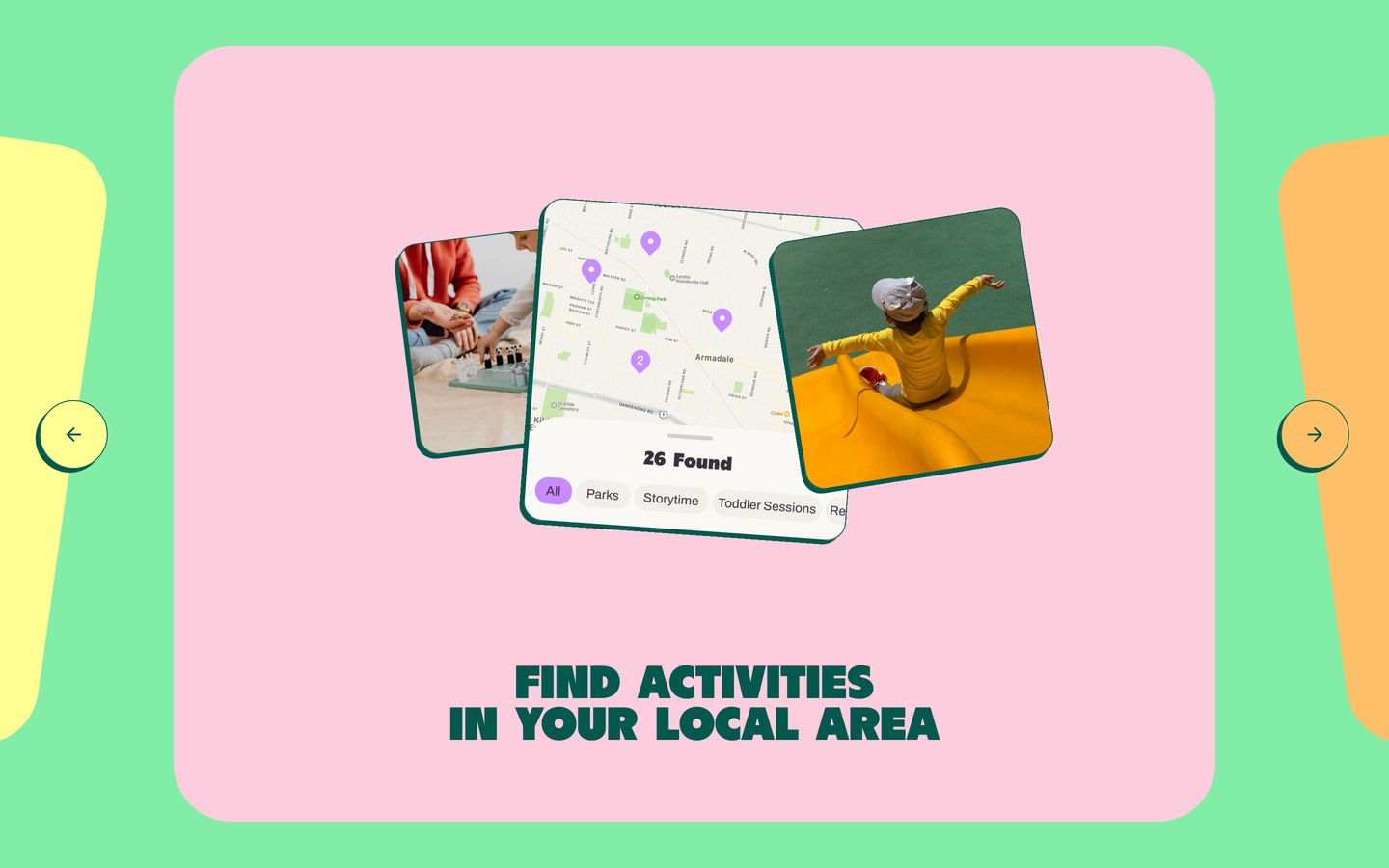 A playful carousel slider featuring tilted photo and map cards framed inside soft pastel color blocks with chunky retro type.