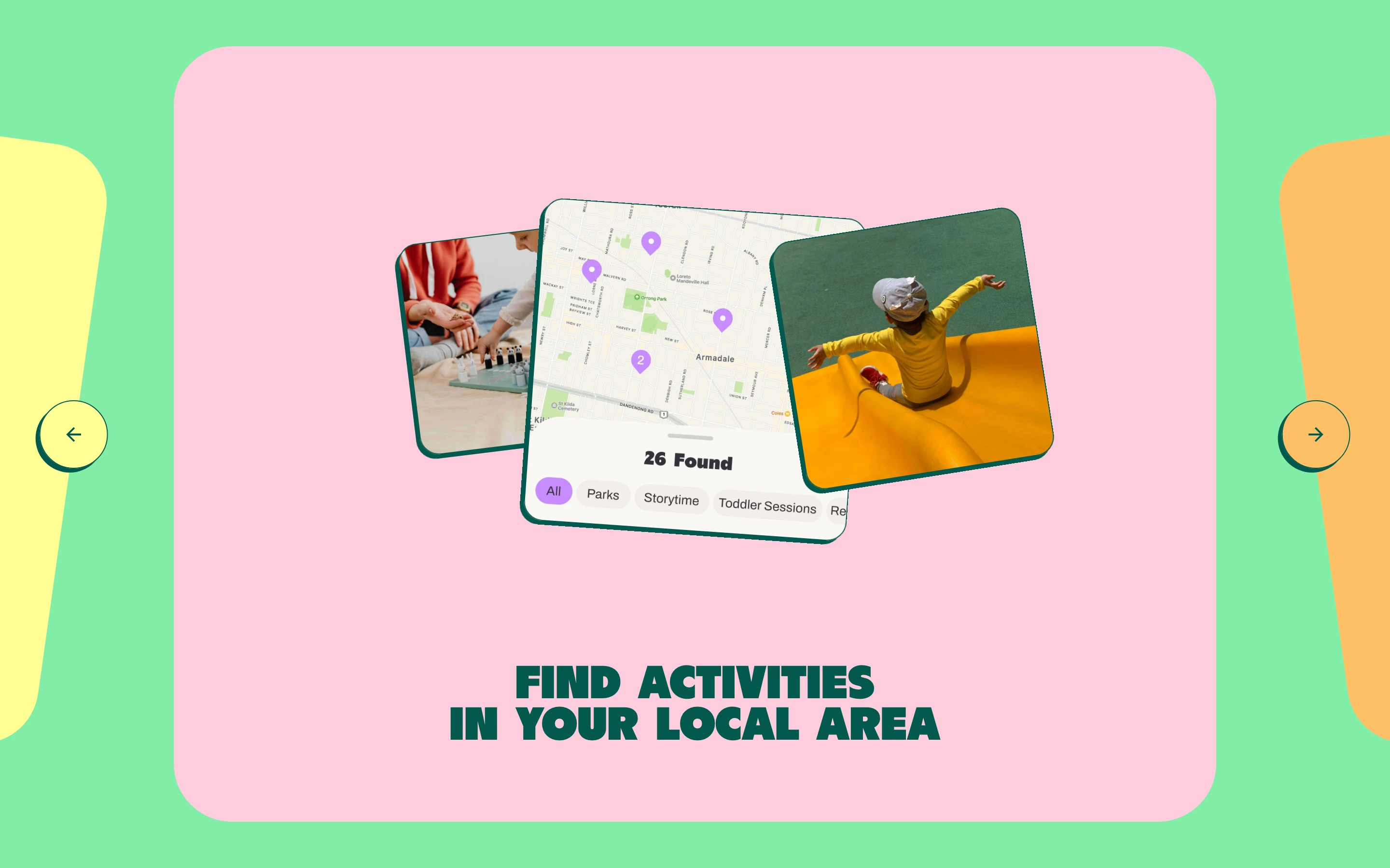 A playful carousel slider featuring tilted photo and map cards framed inside soft pastel color blocks with chunky retro type.