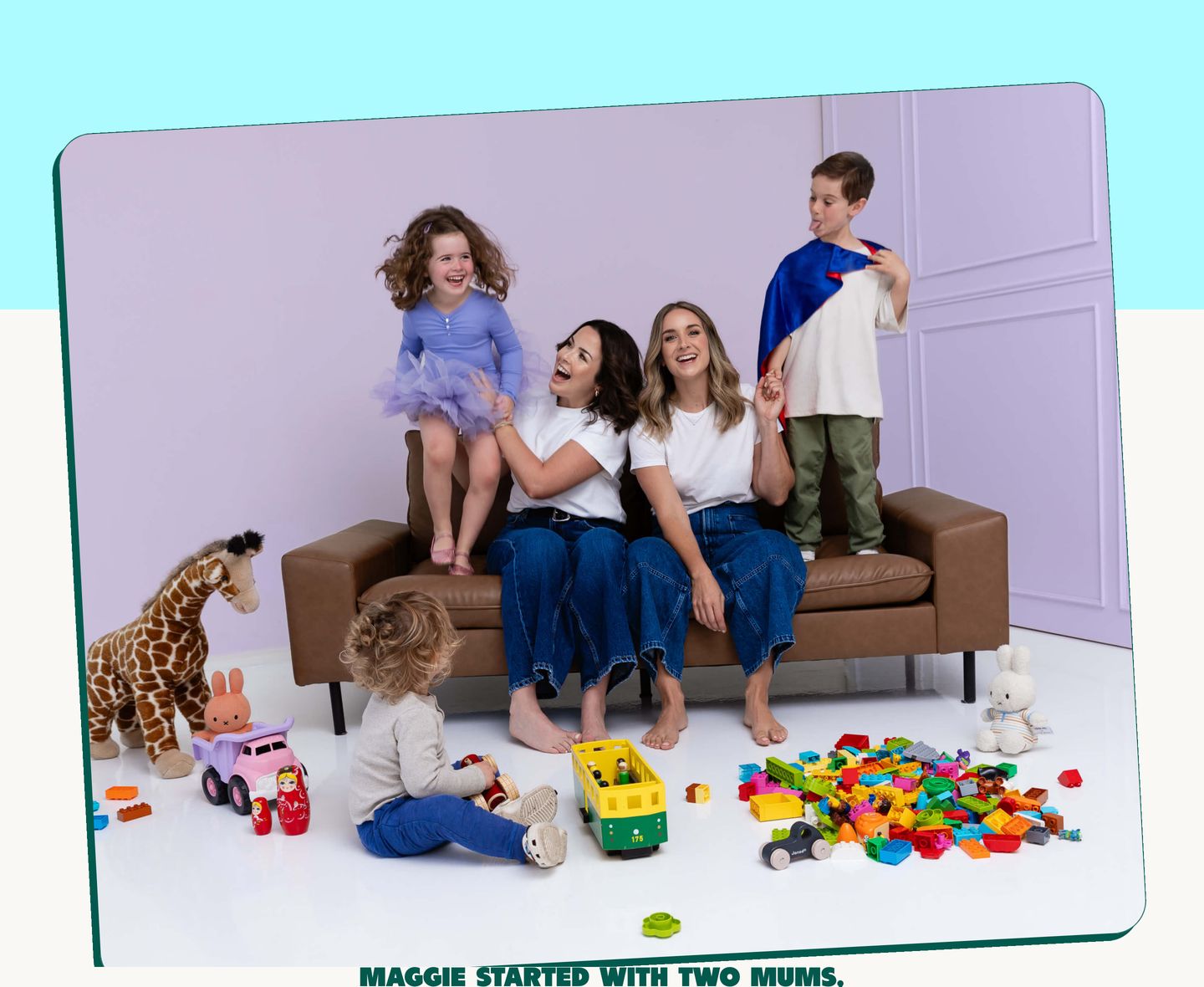 A warm, candid family portrait set inside a tilted card against playful pastel backgrounds.