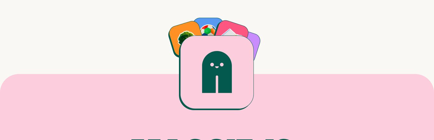 A whimsical, pastel character badge overlapping layered app icons anchors a playful transition between content sections.