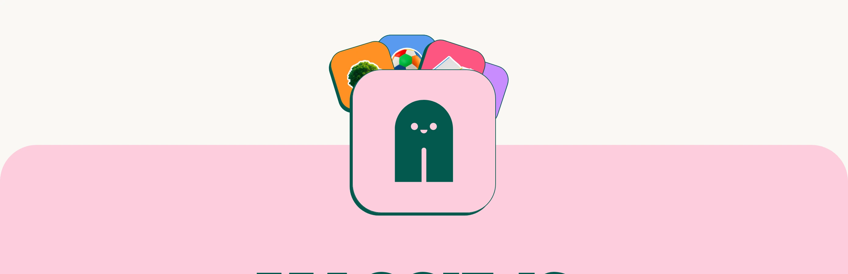 A whimsical, pastel character badge overlapping layered app icons anchors a playful transition between content sections.