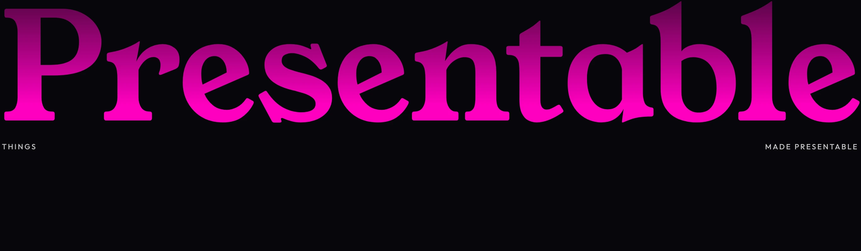 A striking dark hero dominated by an oversized magenta serif title framed by tiny tracking-spaced labels.