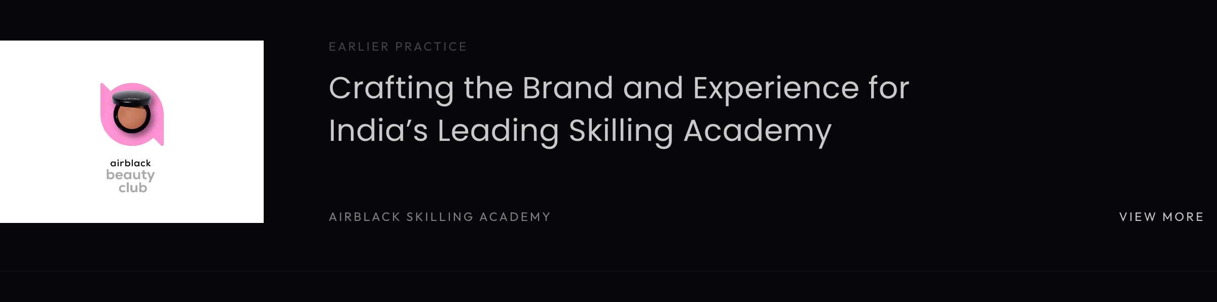 A dark, restrained case study preview card pairing concise editorial typography with a stark media thumbnail on the left.