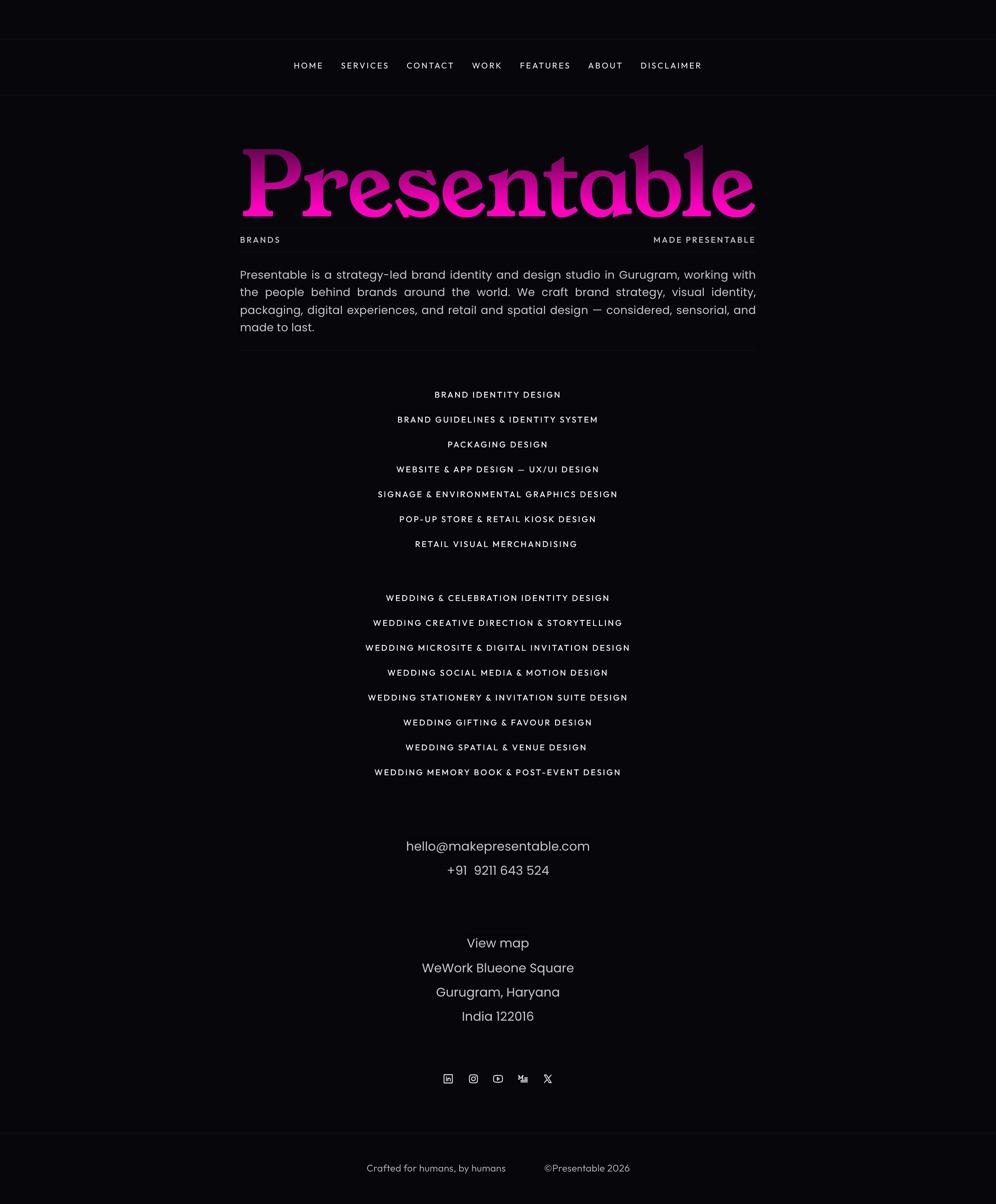 Deep black typographic footer balancing an electric magenta serif wordmark with meticulous, airy centered service listings.