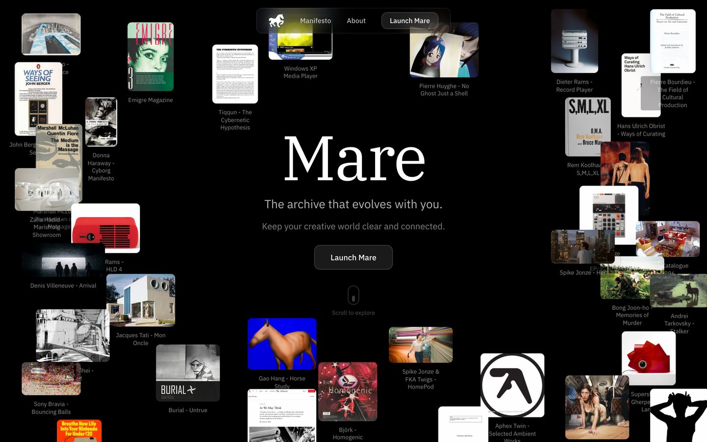 A dark digital canvas surrounding a pristine serif headline with a vast constellation of floating cultural artifacts and media cards.
