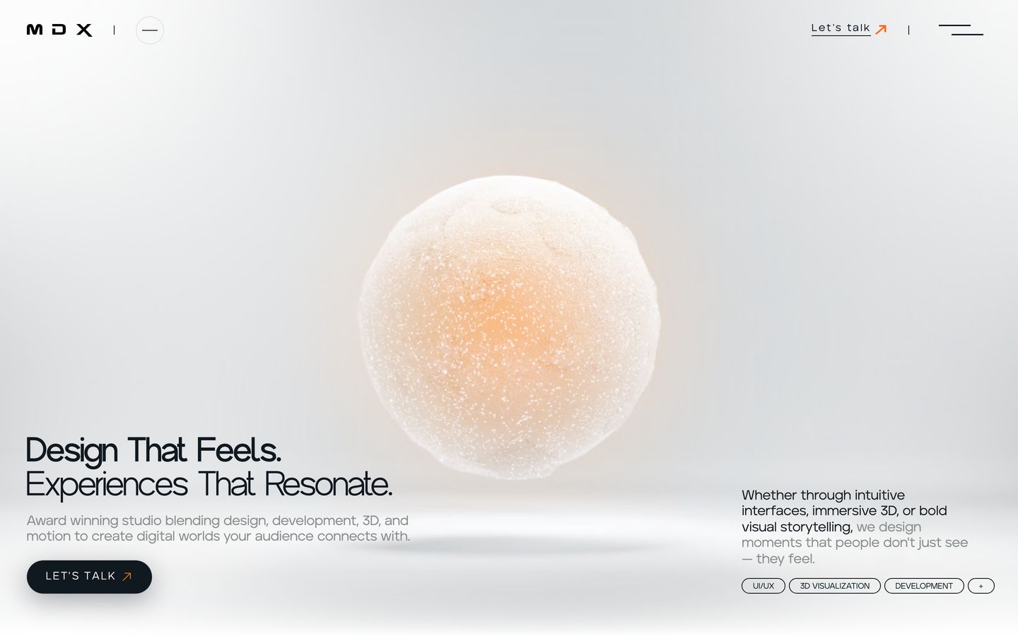 A tactile, glowing frosted sphere floats serenely in an airy light space, framed by precise studio typography and pill tags.