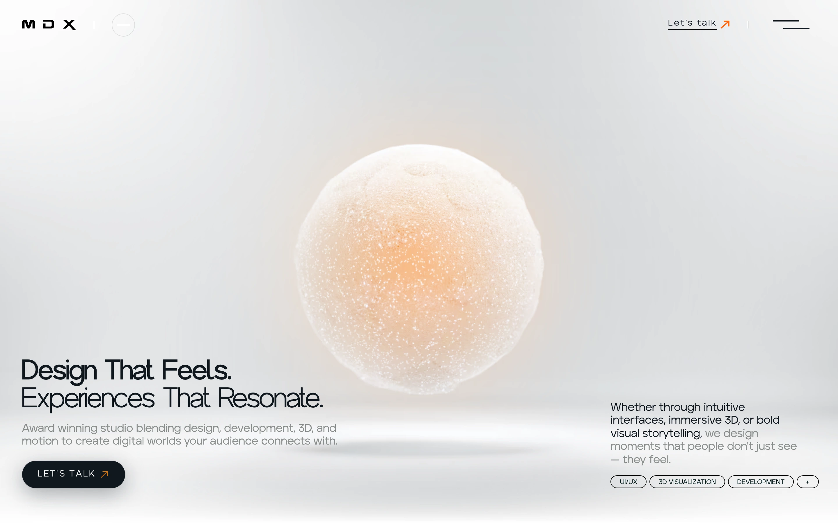 A tactile, glowing frosted sphere floats serenely in an airy light space, framed by precise studio typography and pill tags.