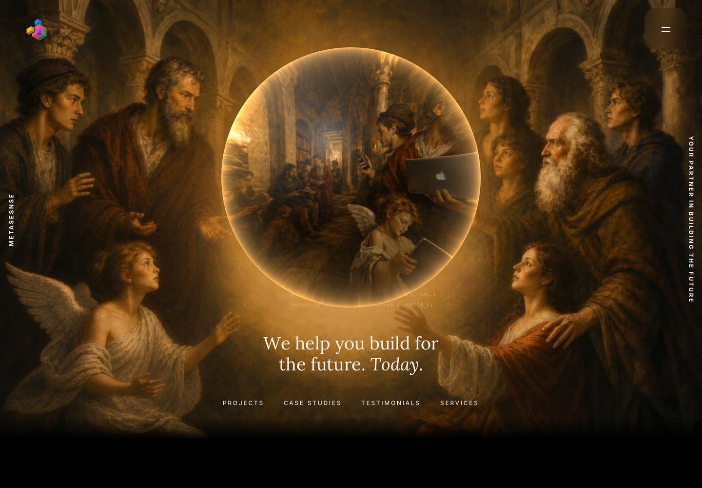 Renaissance chiaroscuro painting centered around a luminous glowing sphere blending classical figures with anachronistic technology.