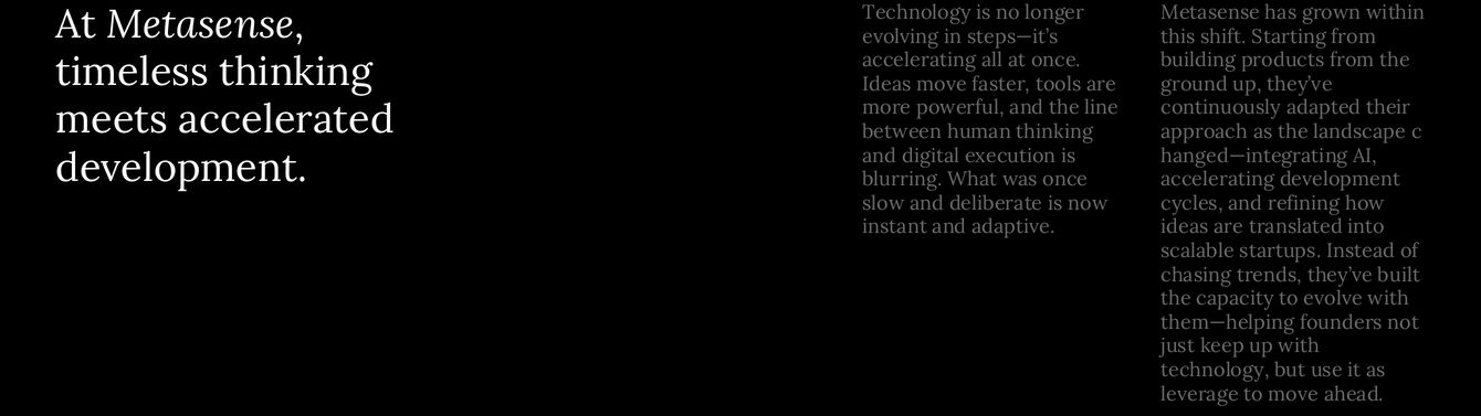 A stark, editorial statement section balancing bright white serif headlines against muted, multi-column narrative text on pitch black.