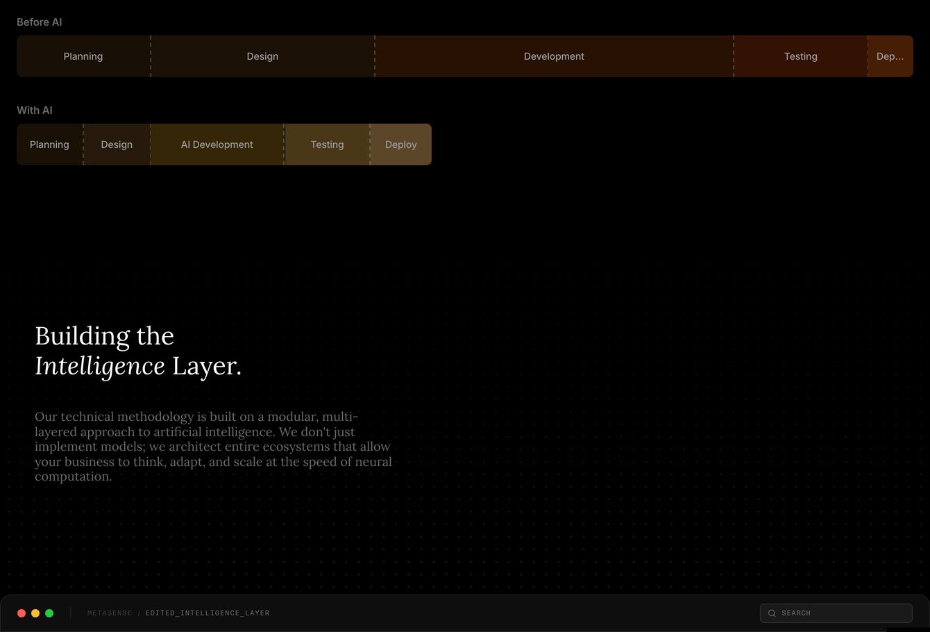 Subdued technical comparison section pairing stark timeline process bars with elegant serif typography against a pitch-black grid background.