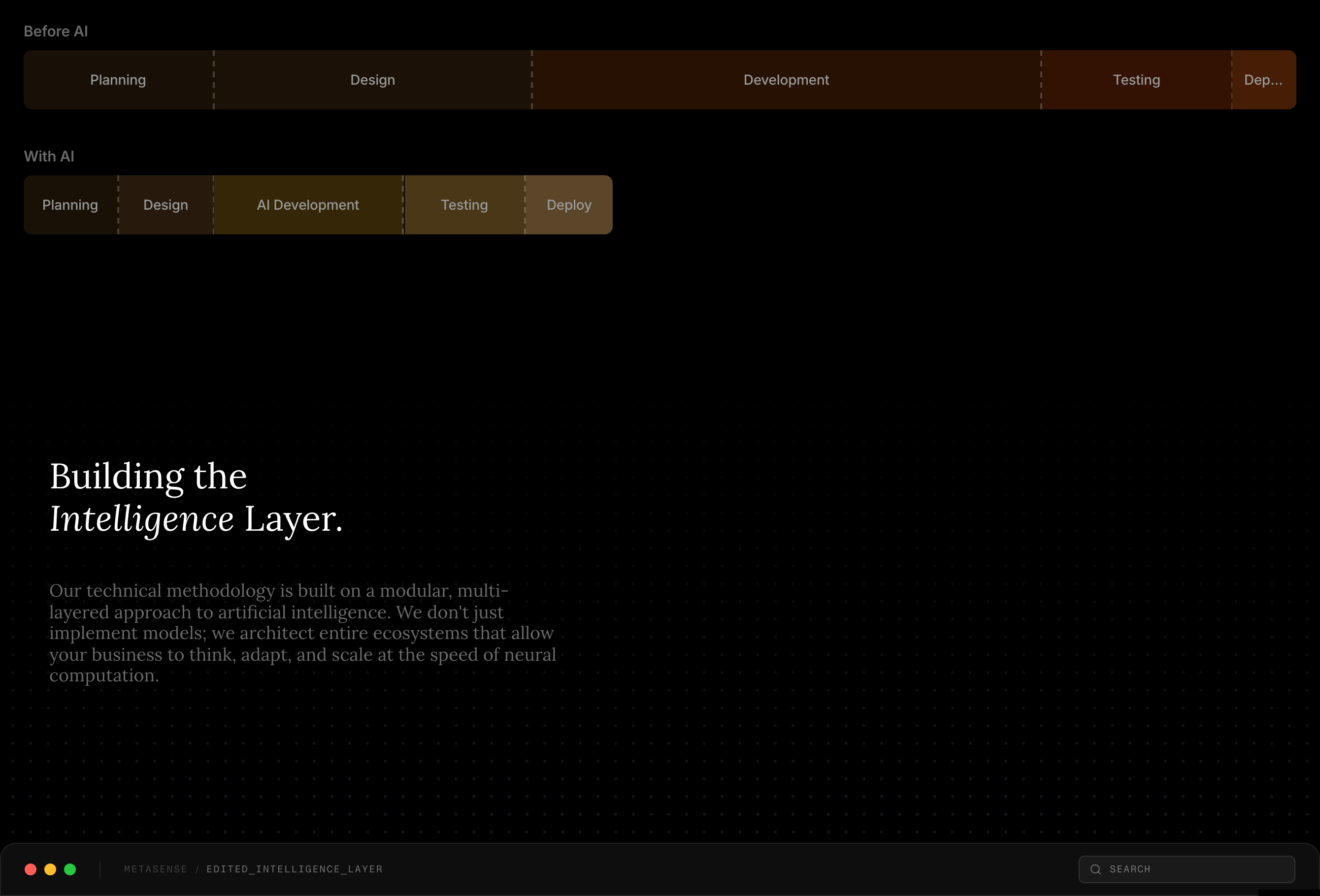 Subdued technical comparison section pairing stark timeline process bars with elegant serif typography against a pitch-black grid background.