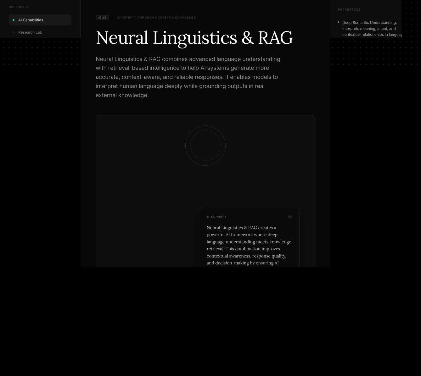 A dark, highly engineered research interface framing neural linguistic concepts with quiet serif typography and subtle technical UI sidebars.