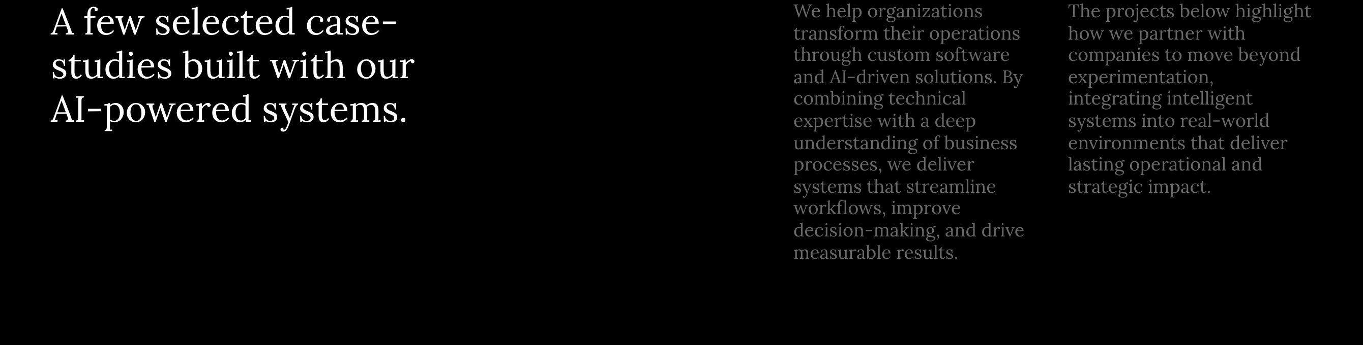 Sparse, quiet editorial intro with stark serif typography emerging from deep pitch-black space.