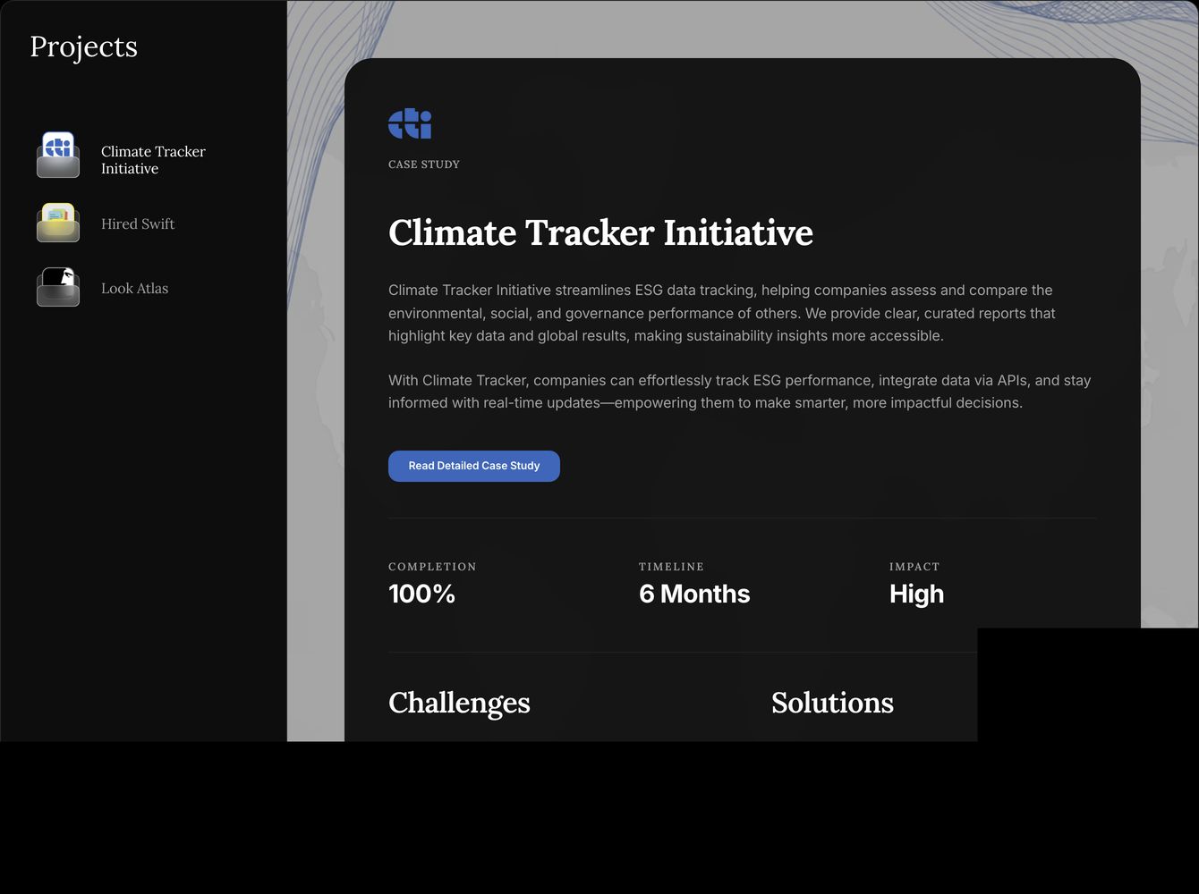 A sleek, structured dark-mode case study display pairing desktop-folder project navigation with editorial metrics and narrative.